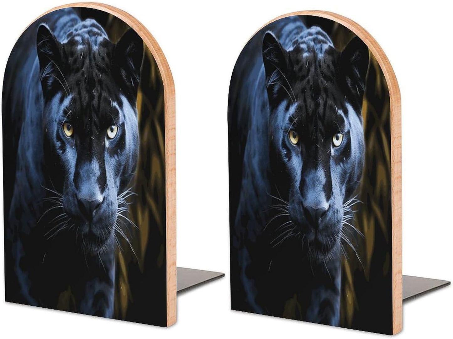 Panther with Blue Eyes Bookend for Shelves Wooden Book End Large Size Sturdy Book Holders Stoppers with Metal Base for Bookshelves Slick Decorative Bookends Stands