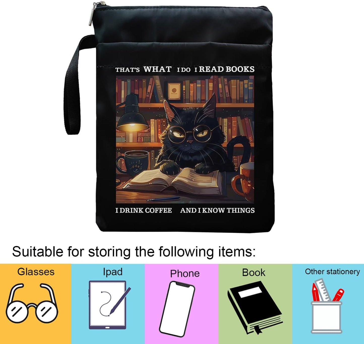 Inspirational Quotes Book Sleeve, Book Covers with Zipper, Book Sleeves for Book Lovers, Cat Book Pouch Protector, That's What I Do I Read Books I Drink Coffee and I Know Things