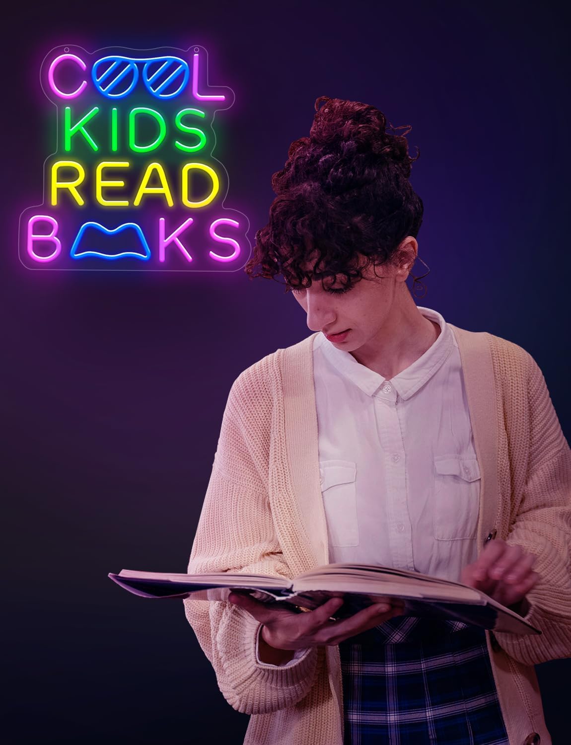 Lumoonosity Cool Kids Read Books Neon Sign - Back to School Neon Light Sign for Classroom, Study Room, Library - Classroom Lights for Teachers, Students, Book Lovers - USB Powered with ON/OFF Switch
