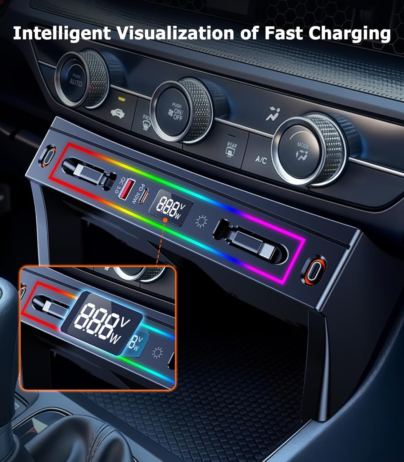 for Honda CRV Car Charger USB Hub with RGB Light, 4-Port Retractable Cable Docking Station for Honda CR-V Accessories 2026 2025 2024 2023, Center Console Phone Fast Charger Hub Voltage Display