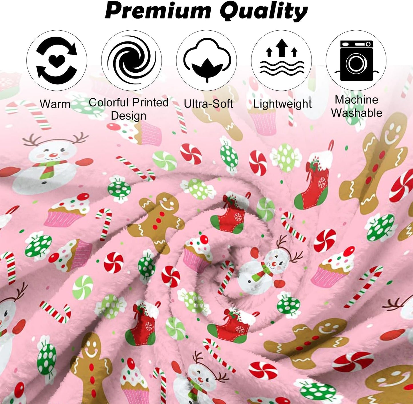 Christmas Pink Throw Blanket, Gingerbread Snowman Fuzzy Blanket, Christmas Candy Cupcakes Holiday Soft Cozy Flannel Blanket for Bed Couch Sofa, 50x60 Inches