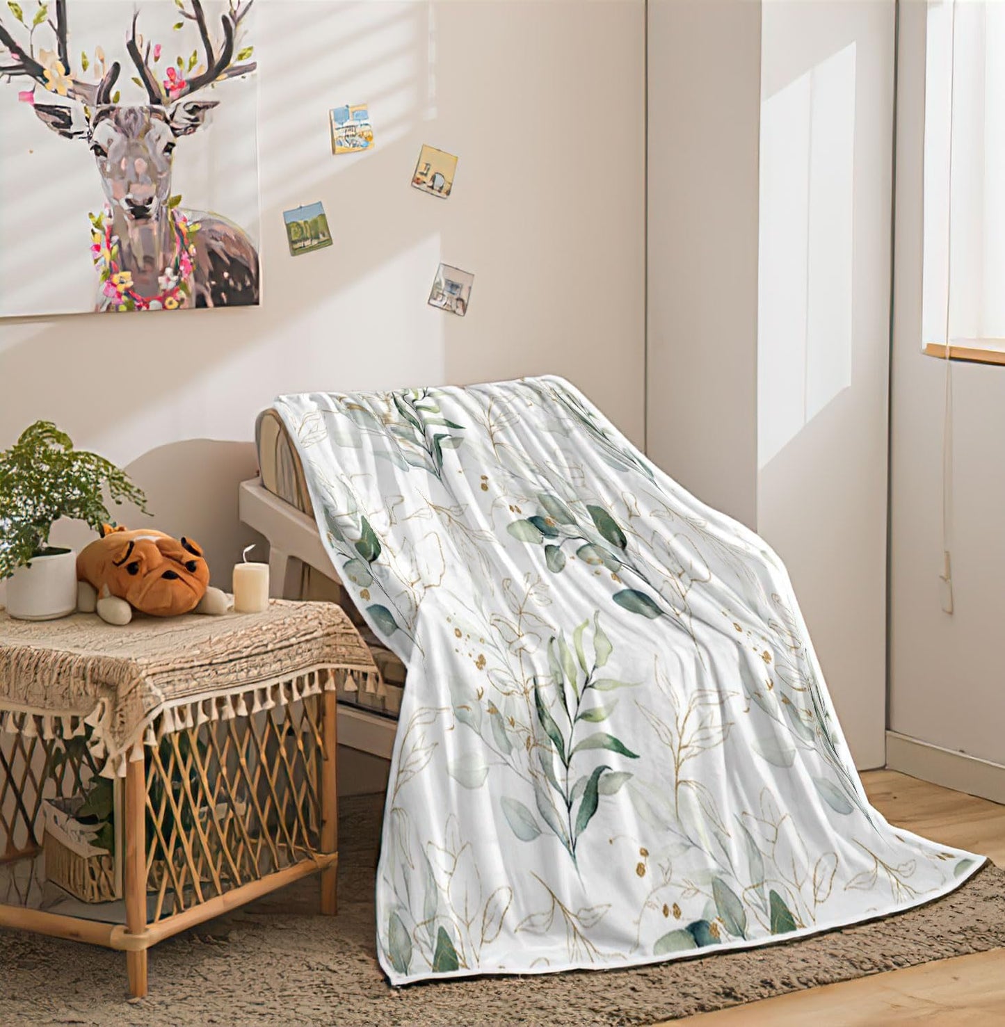 Eucalyptus Leaf Blanket, Botanical Plants Throw Blanket, Soft, Flannel, Warm, Watercolor Floral Throw Blankets Green Botanical Floral Aesthetic Bed Blankets for Couch Bedroom Living Room 60X80 Inch
