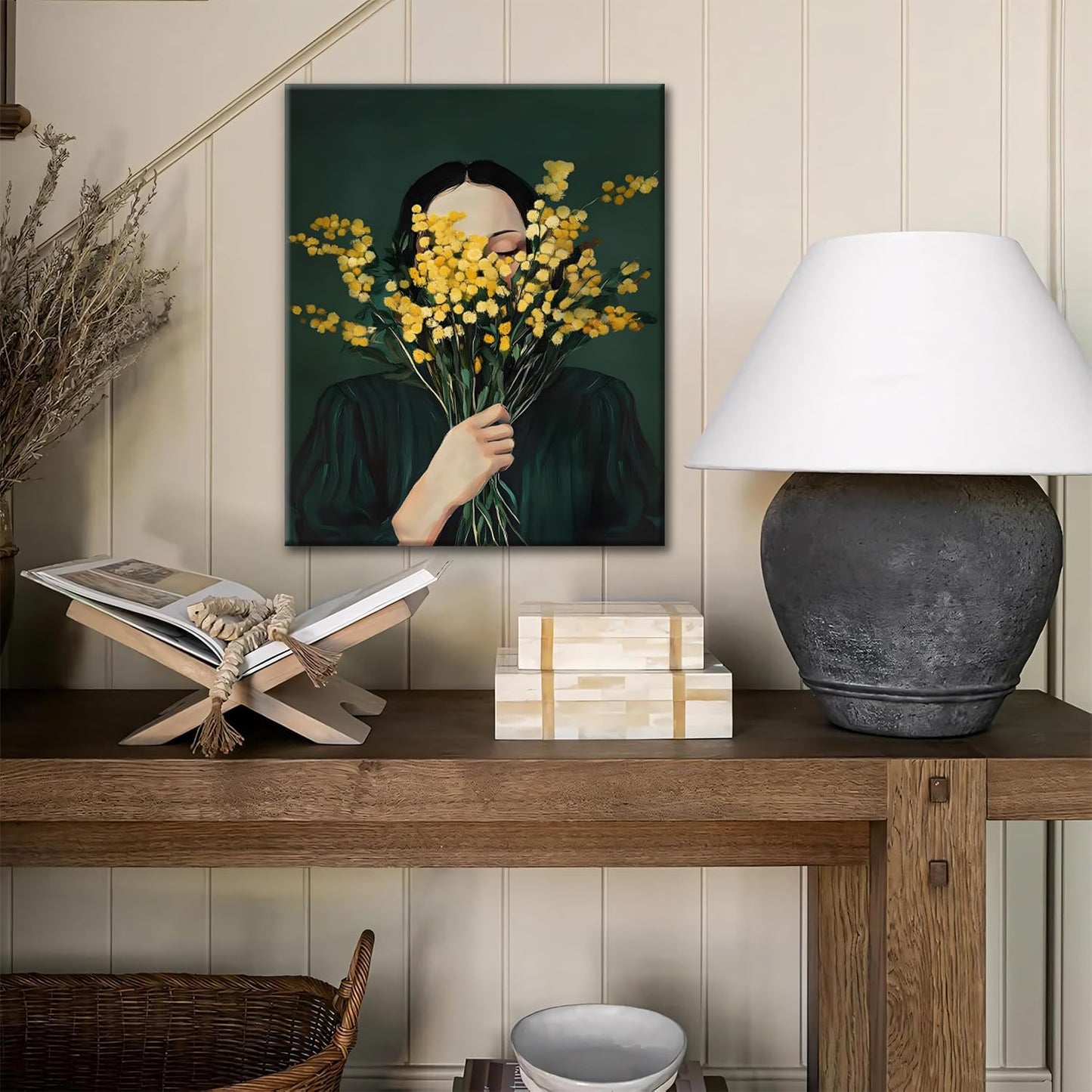 Green Abstract Woman Wall Art, Minimalist Figurative Oil Painting of Woman Holding Yellow Mimosa Flowers, Modern Boho Neutral Canvas Print for Living Room Bedroom Decor Framed 12x16in