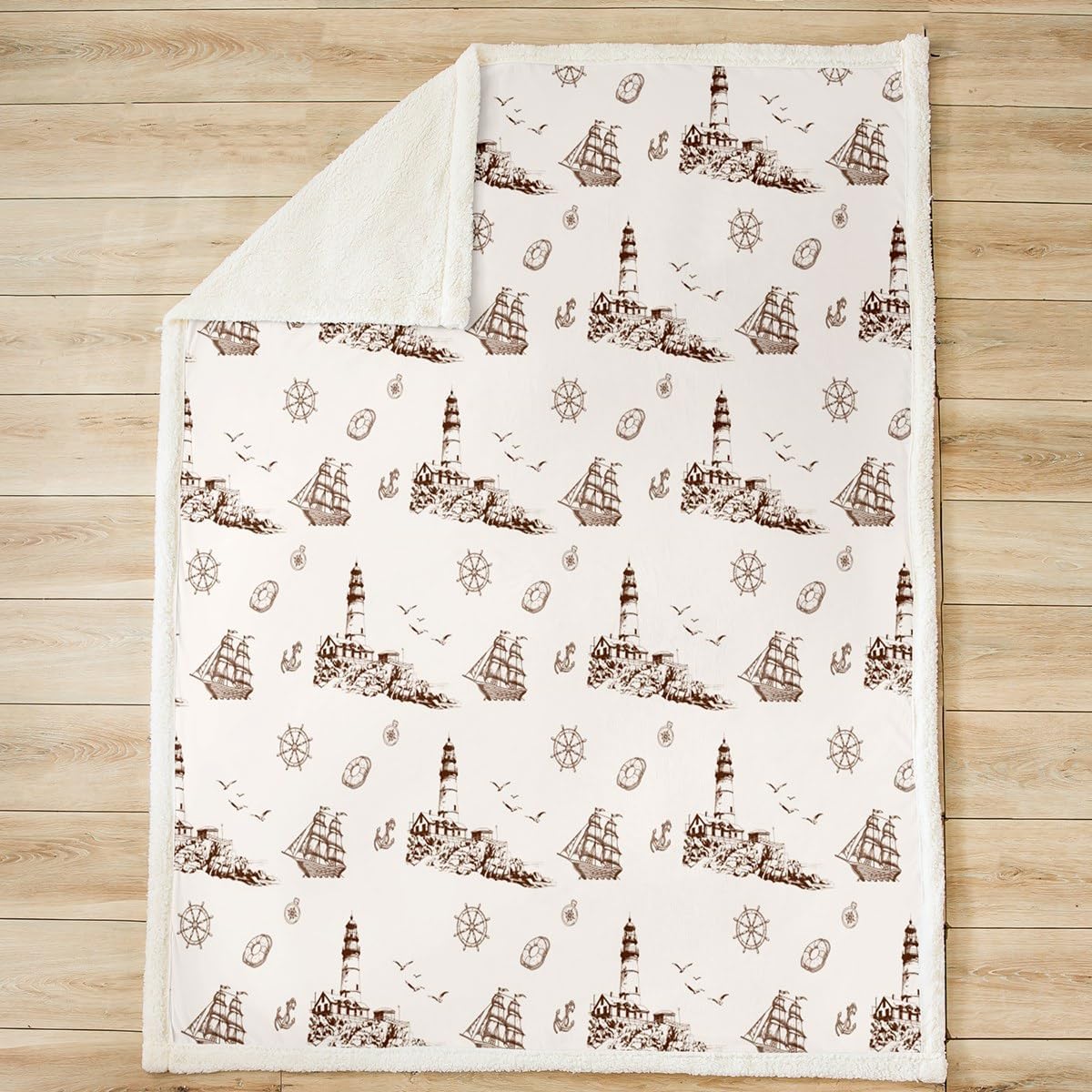 Nautical Theme Brown Throw Blanket,Anchor Sailboat Lighthouse Fleece Blanket Sketch Ocean Blankets for Kids Boys Teens Men Room Decor,Sea Adventure Sherpa Blanket,for Chair/Sofa,60"×80"