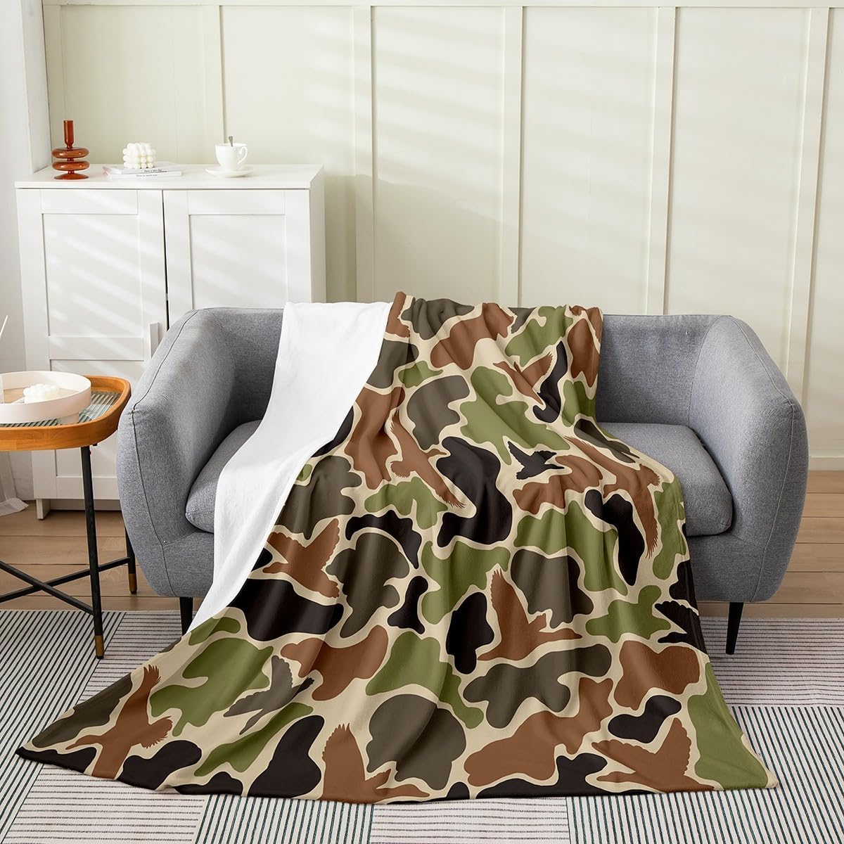 Feelyou Duck Hunter Green Camouflage Hunting Plush Throw Blanket, Twin 60"x80" Kids Black Brown Flannel Fleece Blanket for Sofa Couch Boys Teens Camo Army All Season,Bed Blanket Wild Room Decor