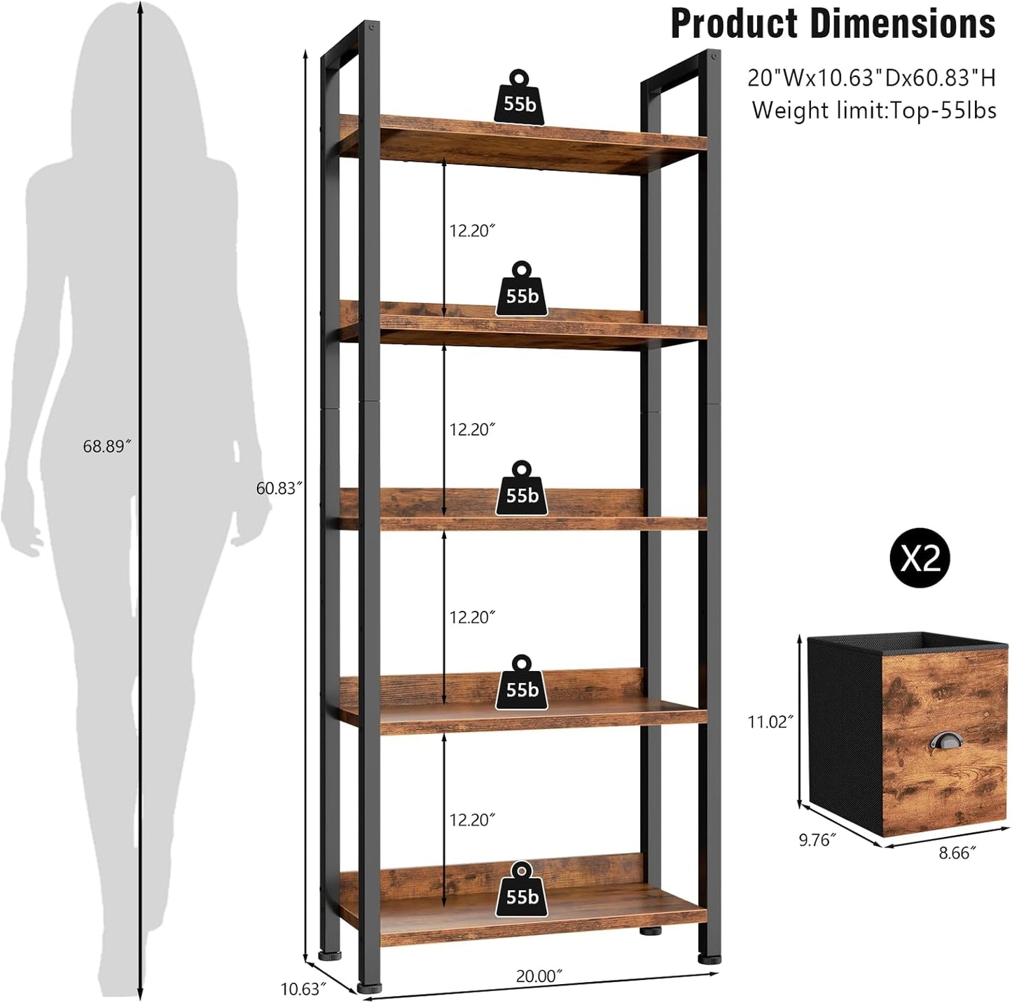 Furologee 5-Tier Bookshelf, Tall Bookcase with 2 Storage Drawers, Industrial Standing Storage Shelf, Wood Metal Display Rack for Living Room Bedroom Home Office, Rustic Brown