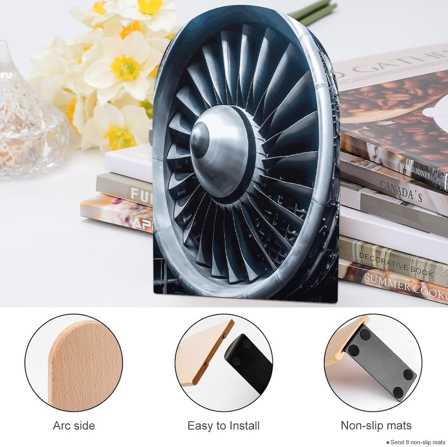 Jet Engine Bookend for Shelves Wooden Book End Large Size Sturdy Book Holders Stoppers with Metal Base for Bookshelves Slick Decorative Bookends Stands