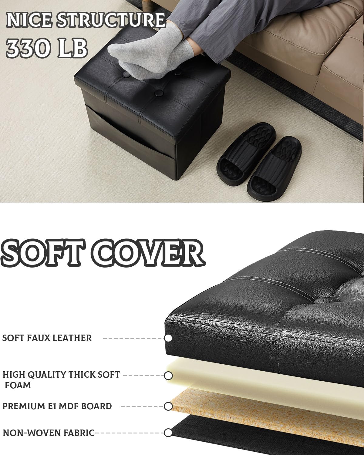 Ottoman with Storage Foot Stool - 17 Inches Folding Storage Ottomans, Leather Upholstered Ottoman Foot Rest with Side Pockets, Suitable for Living Room, Bedroom, Cafe