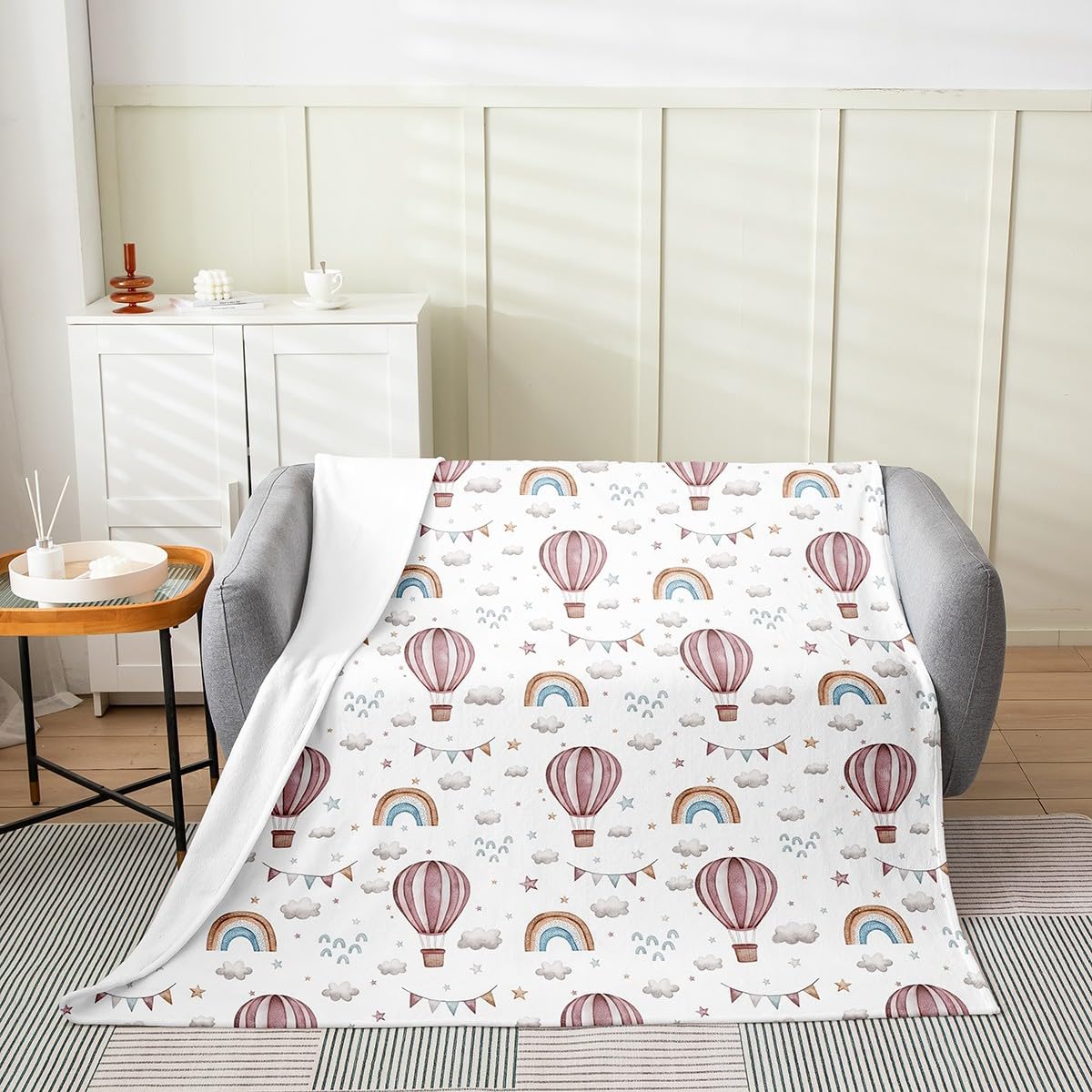 Feelyou Hot Air Balloon Fuzzy Blanket Kids Cute Cloud Flannel Fleece Throw Blanket Cartoon Style All Season Bed Blanket Room Decor Lightweight Rainbow Pink White Plush Blanket Baby 30"x40"