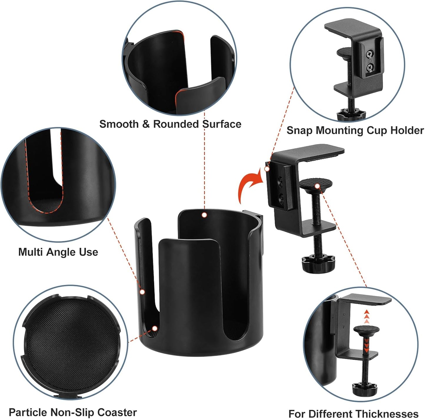 Large Desk Cup Holder Clamp, Anti-Spill Cup Holder Clip on Table or Chair Armrests, Easy to Install, Diameter 3.9 Inch, Fit Most Cups Coffee Mugs Bottles and Drinks -Black