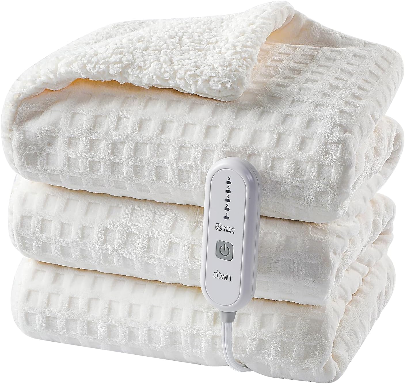 Dowin Electric Blanket Full Size - Heated Waffle Fleece Heating Warming Blankets with Auto Shut Off for Couch Office Chair Bed Adults Fuzzy Cozy Machine Washable 72x84 Beige