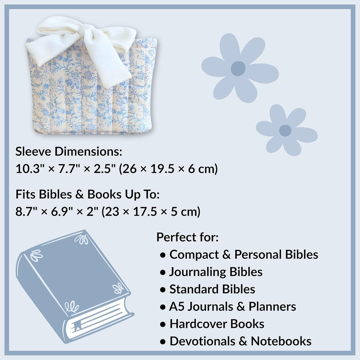 Vintage Floral Book Sleeve with Bow – Bible Cover for Women, Padded Cotton Book Pouch with Velvet Lining – Fits Standard Size Bibles and Books (Blue Vintage, Meduim)
