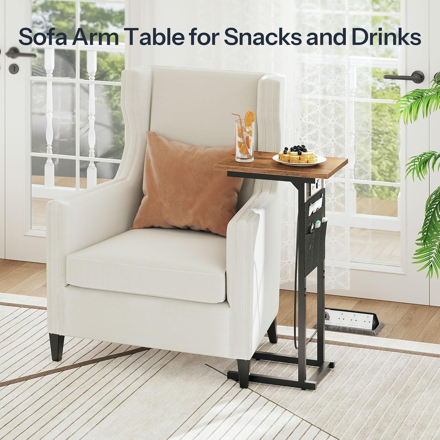 HOOBRO C Shaped Side Table with Charging Station, Slide Under Couch Table, 27.8" Tall Side Table for Sofa Arm with Fabric Storage Pocket, for Living Room, Bedroom, Rustic Brown BF73USF01