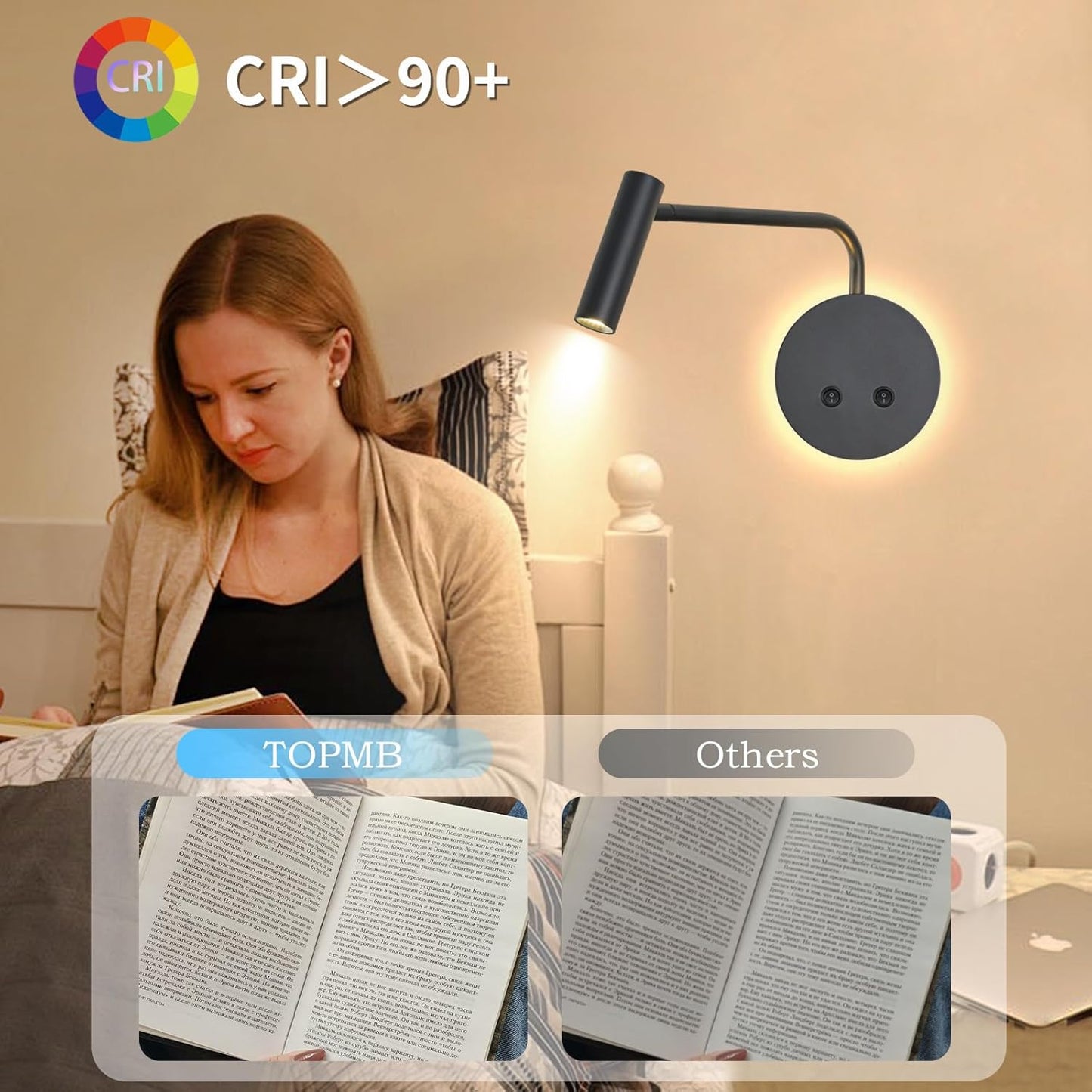 Matte Black Wall Mounted Reading Light, 4000K Flexible Headboard Reading Sconces with On Off Switch Control, Plug in/Hardwired Wall Light Fixtures with Night Light for Bedside Bedroom Bunk