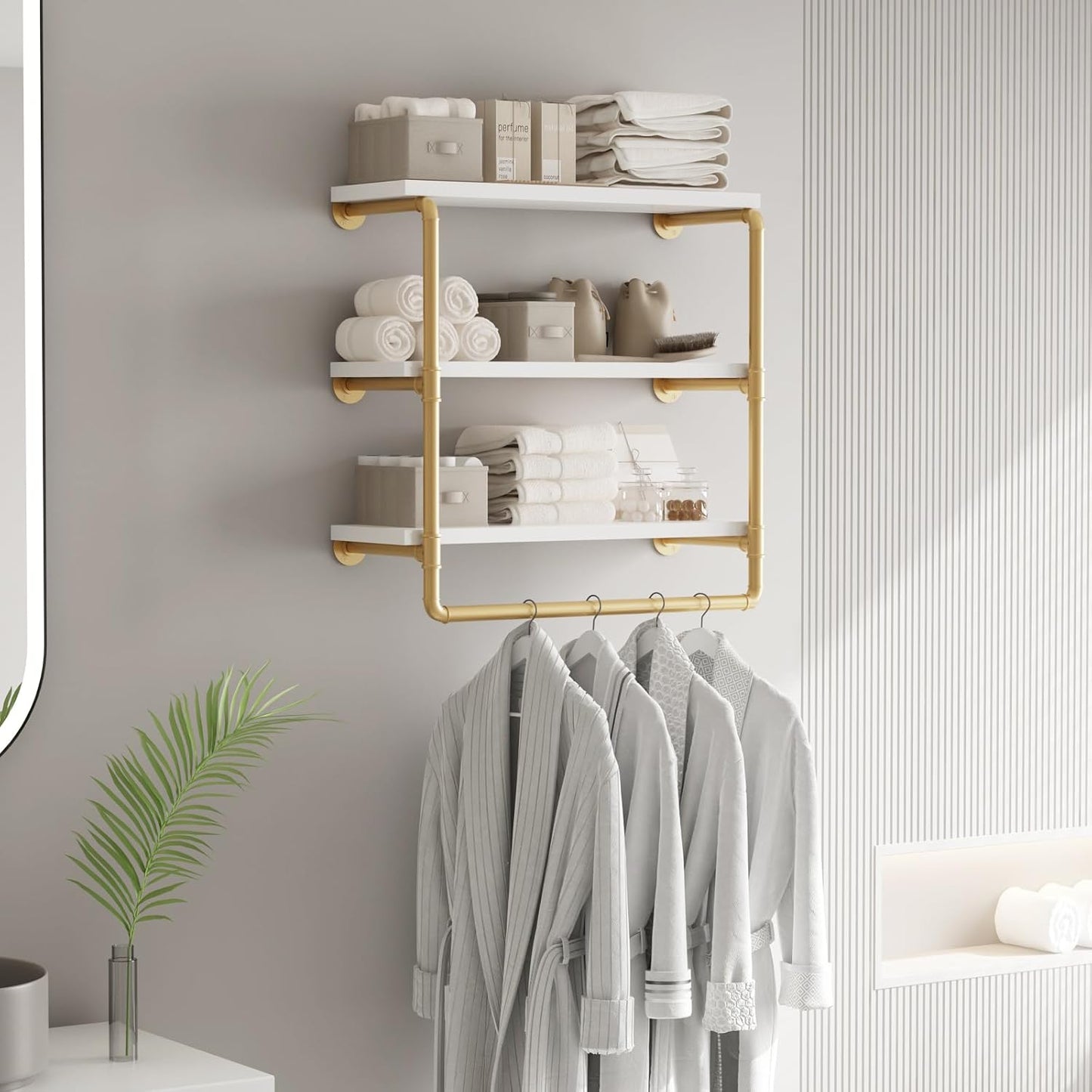 HOMEKAYT 24" Industrial Pipe Shelving, Floating Wall Shelves 3 Tier Gold Shelves with Haning Rod Multiple Use for Kitchen, Bedroom,Living Room,Bathroom