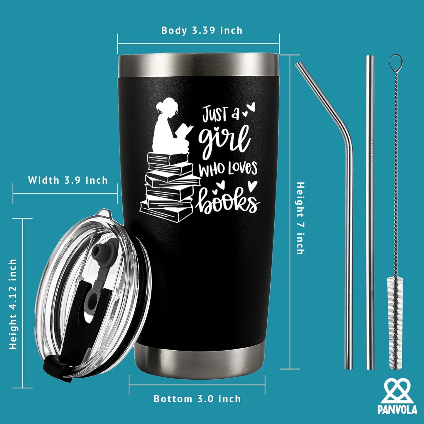Panvola Just A Girl Who Loves Books Book Lover Gift For Woman Vacuum Insulated Stainless Steel Tumbler Reader Librarian Mug Bookworm Bibliophile Travel Mugs with Straw and Removable Lid 20 oz Black