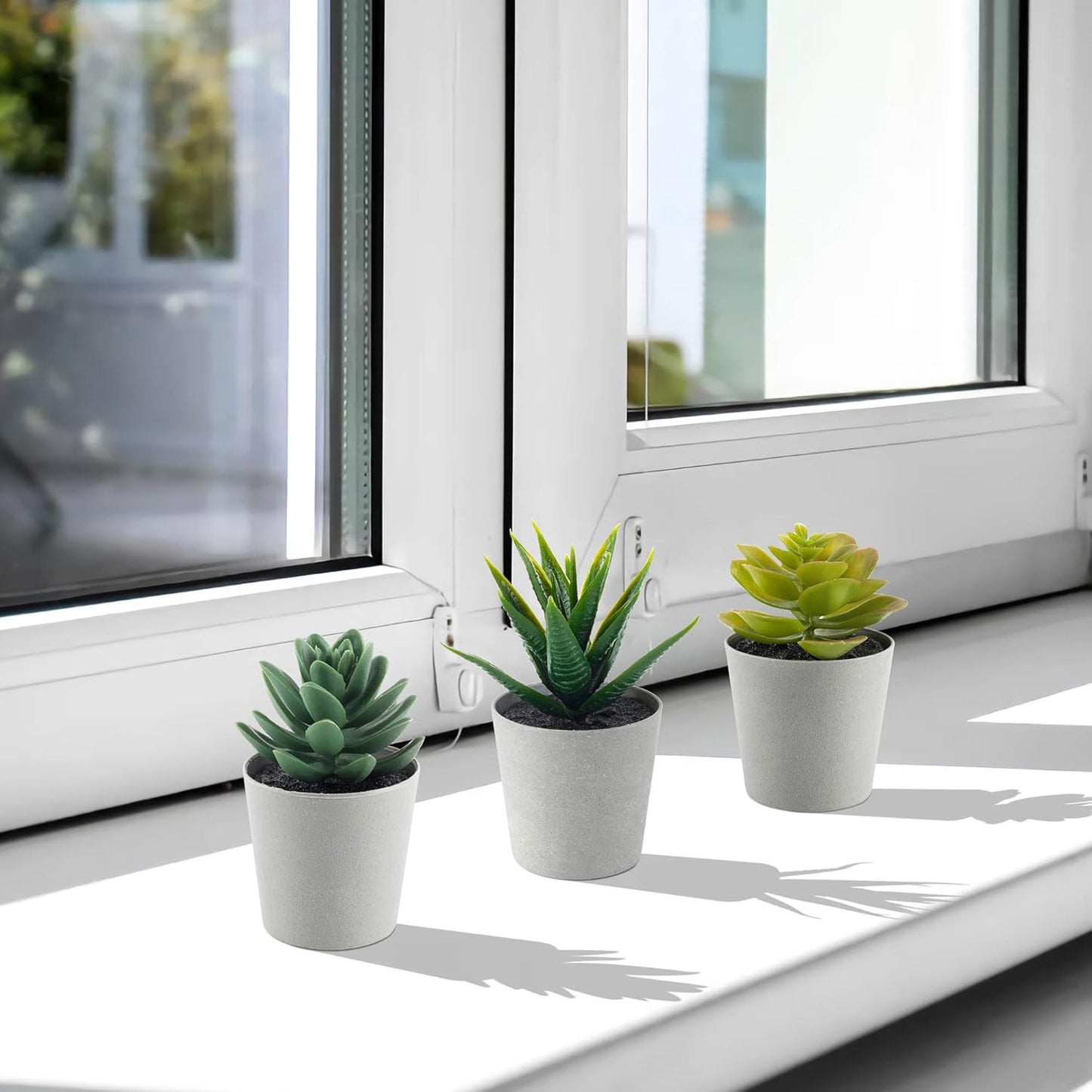 Artificial Succulents Set of 3 Mini Realistic Fake Plants with Plastic Pots for Home and Office Decoration, Including Aloe, Echeveria laui and Haworthia coarctata f. greenii, 4in (H) x 3.5in (W)