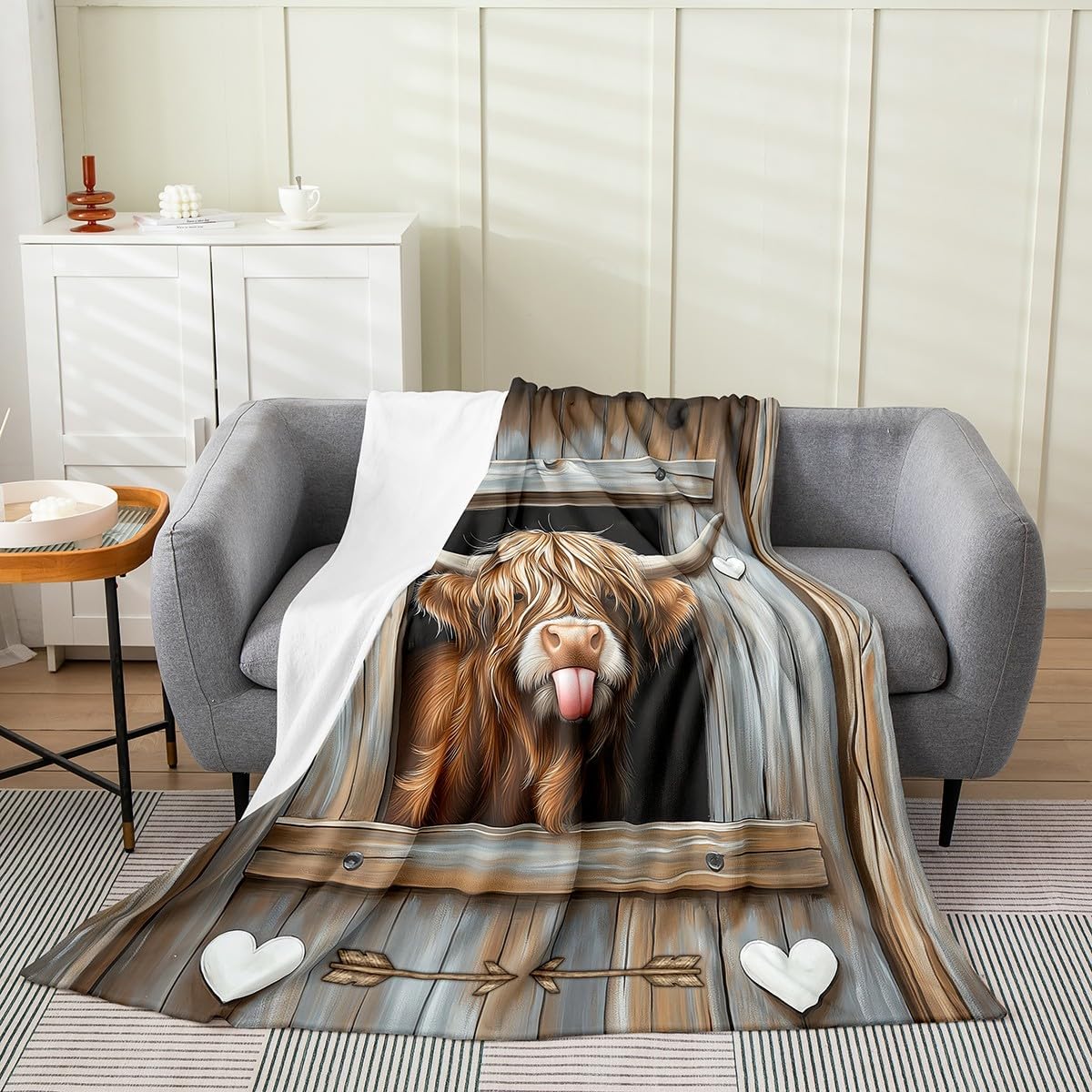 Feelyou Highland Cow Fleece Throw Blanket Farmhouse Cattle Bull Flannel Blanket Plush Fuzzy Western Rustic Farmhouse for Bed Couch Chair Living Room Wildlife 40"x50" Bedroom Decor