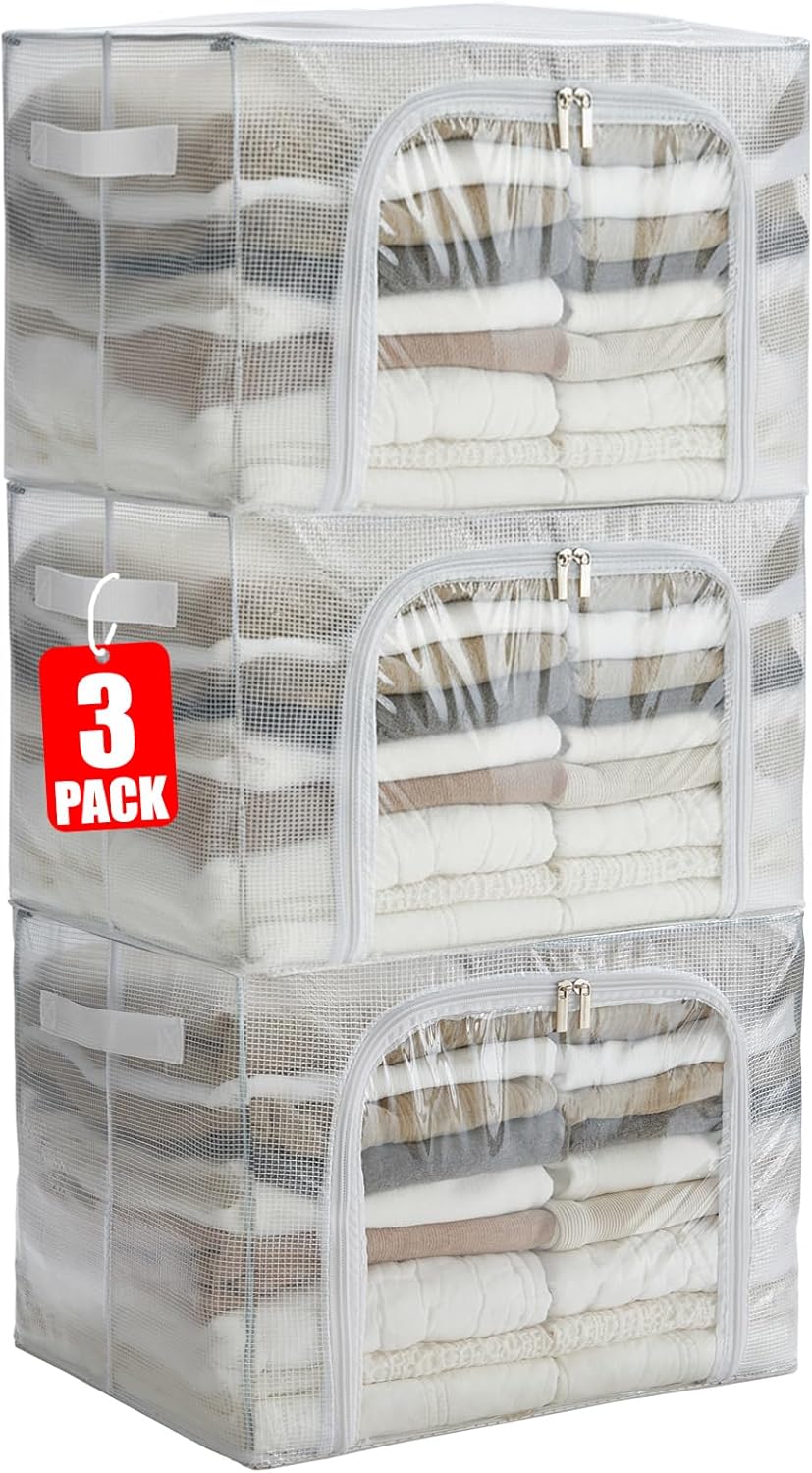 Clear Stackable Clothes Storage Bins with Metal Frame, Foldable Storage Box with Lid, Bedroom, Closet Organizers and Storage Container with Zippers & Durable Handles (Clear, 3 Pack)
