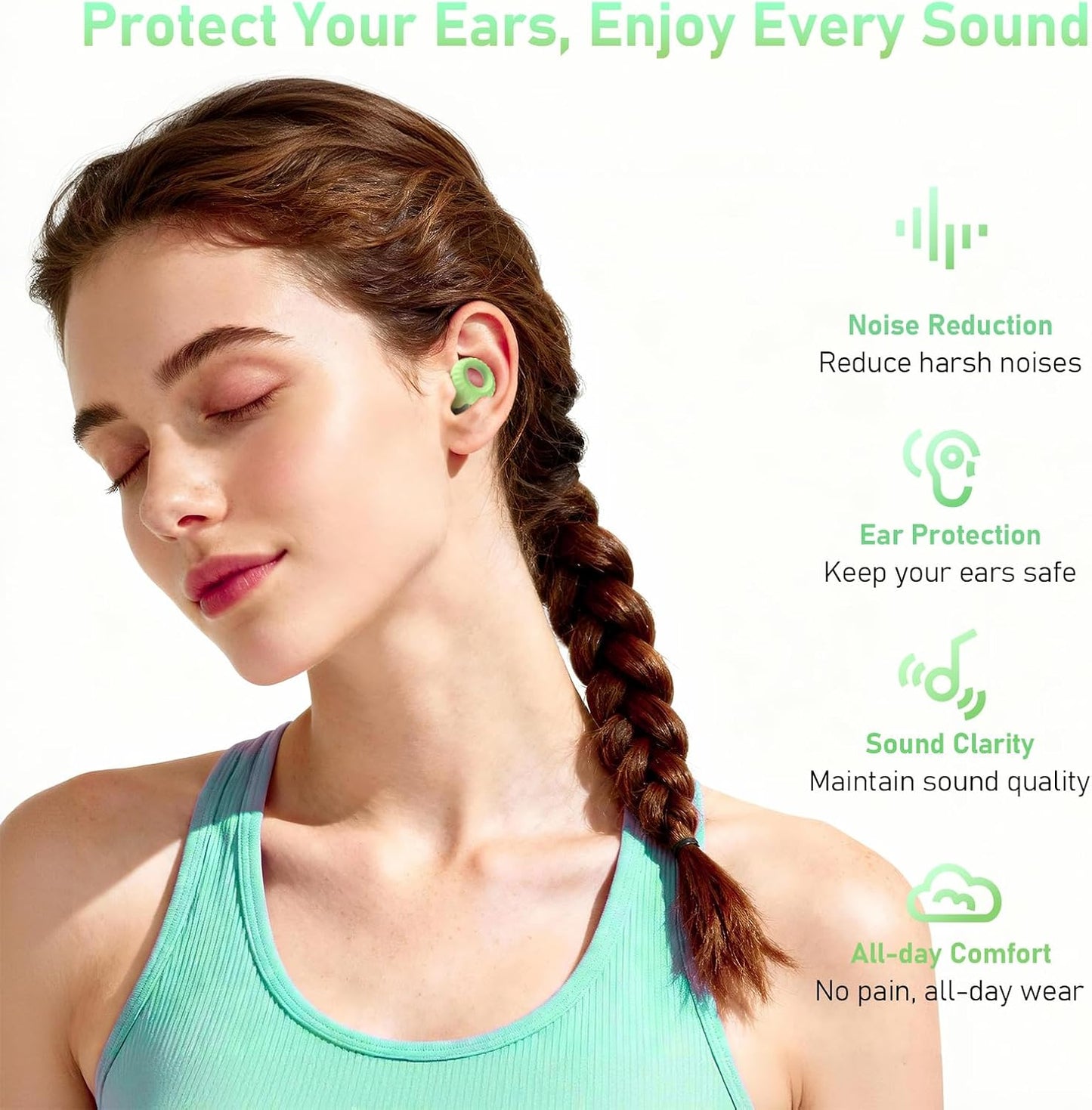 Reusable Ear Plugs for Sleep, Concerts & Noise Reduction – Comfortable Silicone Noise Cancelling Earplugs, Washable Hearing Protection – 4 Pairs, Black + Green