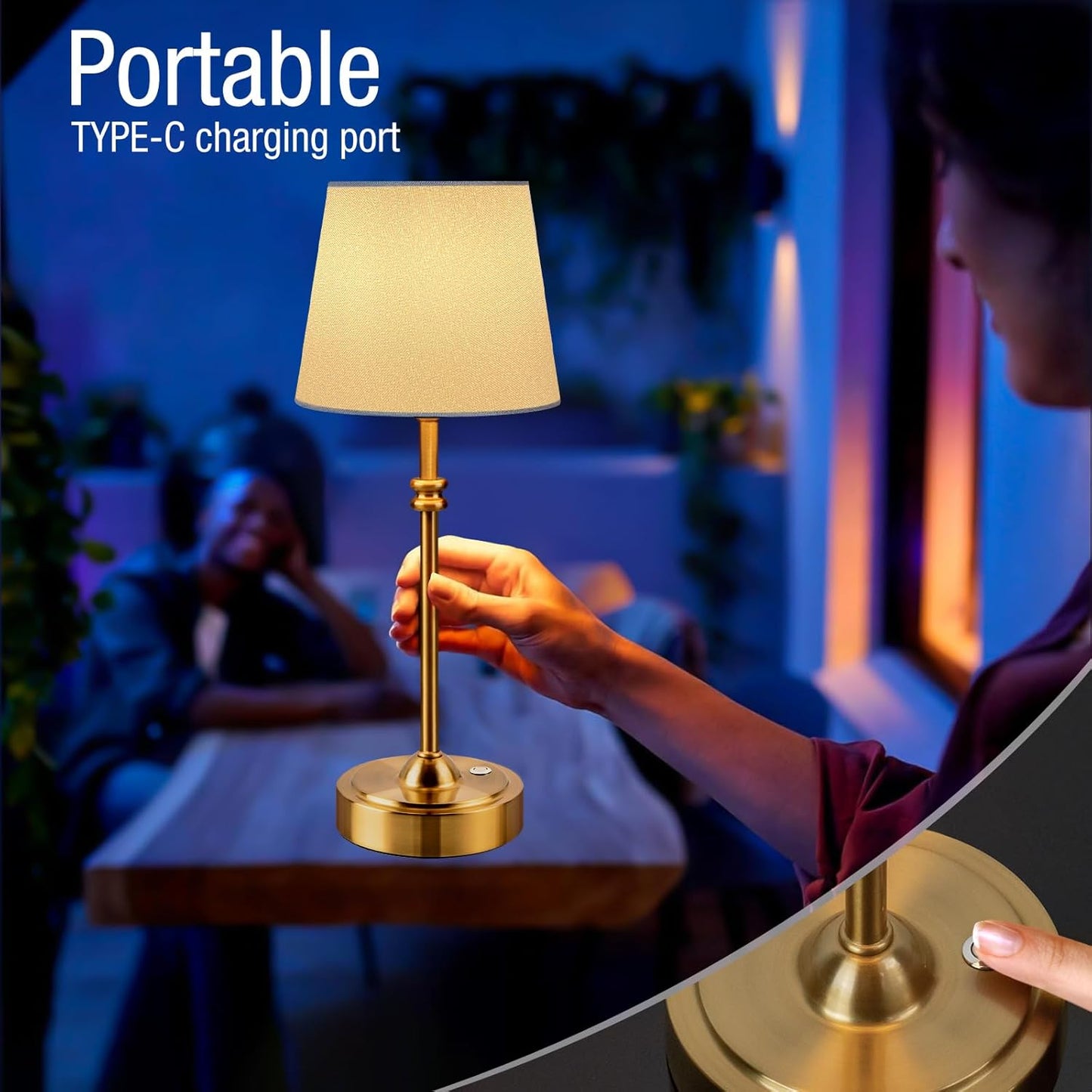 ONEWISH Cordless Lamp-Battery Operated Table lamp, 4000mAh Rechargeable, Stepless Dimmable, Small Touch Bedside Lamp with Fabric Shade, for Dining, Patio, Bathroom(Gold)