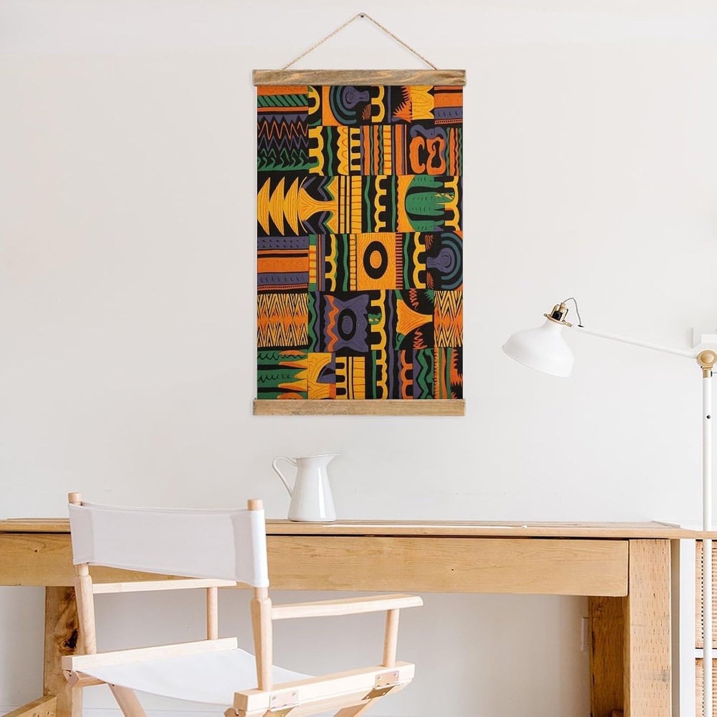 Vintage African Ethnic Pattern Poster with Wooden Frame Personalized Linen Hanging Scroll Painting Rustic Wall Hanging Illustrative Modern Artwork Decor for Home Living Room Bedroom Office