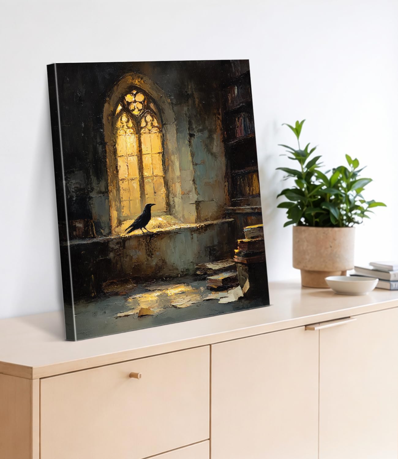 Vintage Bookshelf Raven Wall Art Print - Gothic Dark Academia Canvas Poster Painting - Book Lover Gifts Wall Decor for Reading Nook Library 8x10 Inch Framed