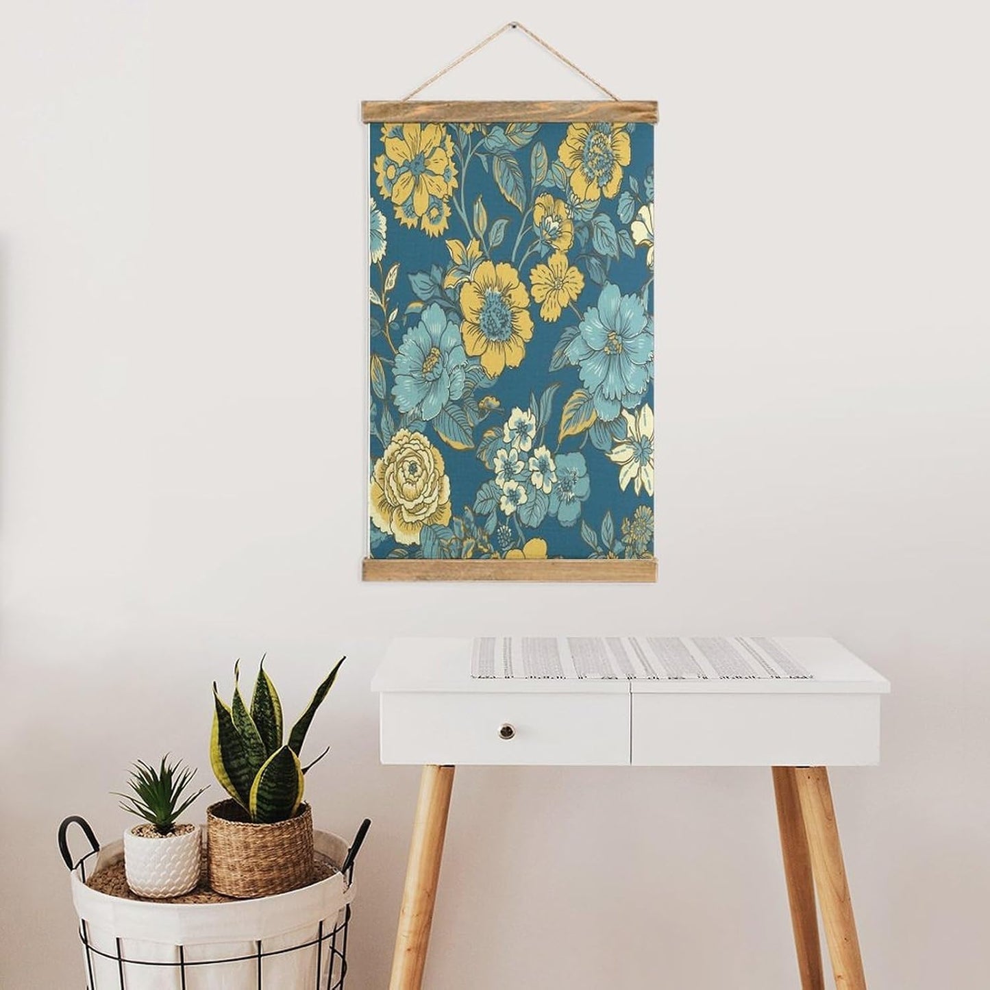 Vintage Blue And Yellow Flowers Poster with Wooden Frame Personalized Linen Hanging Scroll Painting Rustic Wall Hanging Illustrative Modern Artwork Decor for Home Living Room Bedroom Office