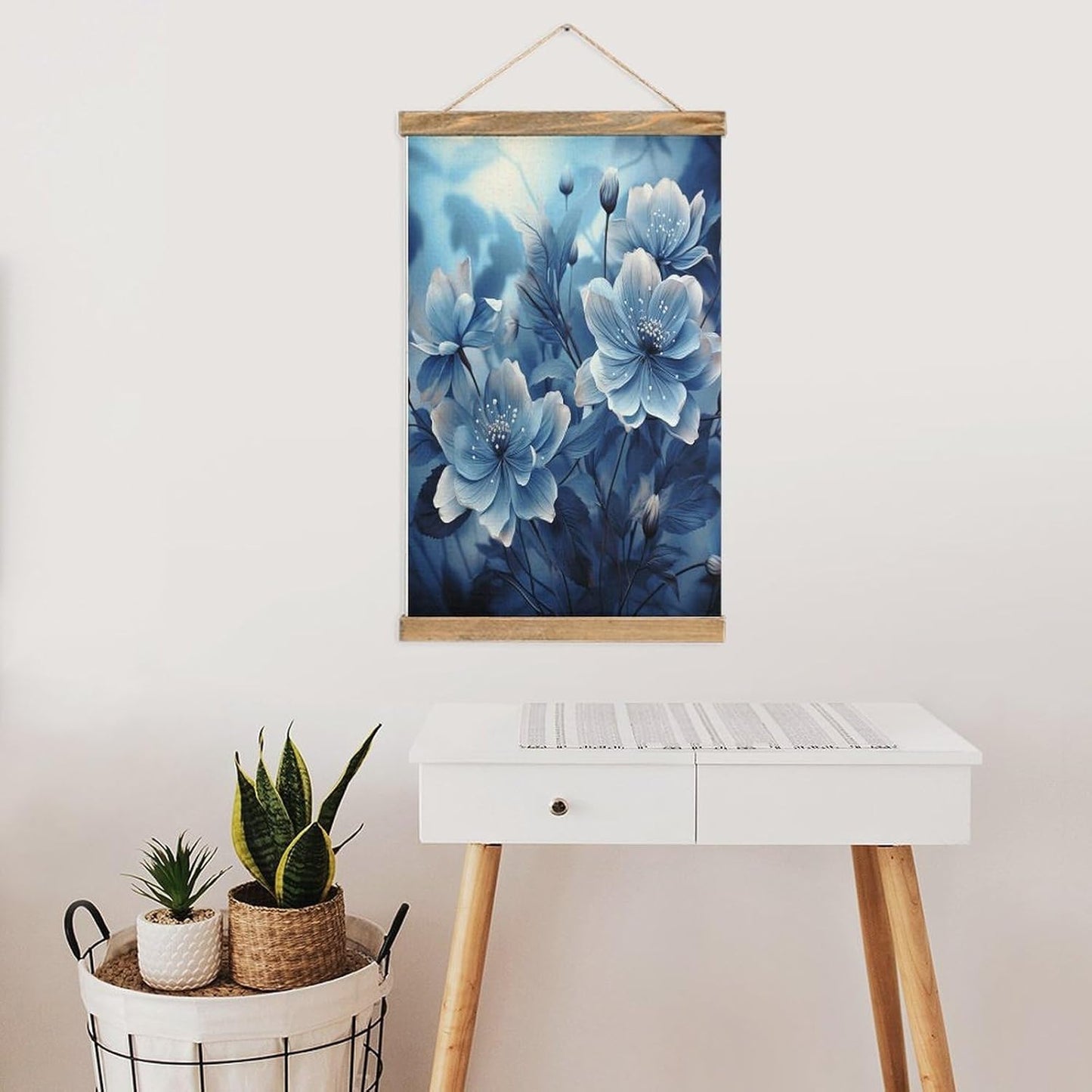 Vintage Blooming Blue Flowers Poster with Wooden Frame Personalized Linen Hanging Scroll Painting Rustic Wall Hanging Illustrative Modern Artwork Decor for Home Living Room Bedroom Office