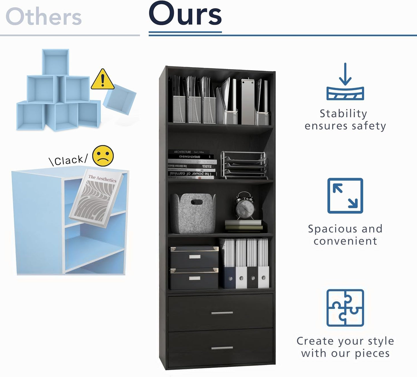 Homes: Inside + Out Apexa 3-Tier Stackable Wood Bookcase with Doors, Cube Storage Organizer Shelves, Small Food Pantry Cabinet, Dorm Teen Room Decor & Bedroom, Home Office, Kitchen, Black
