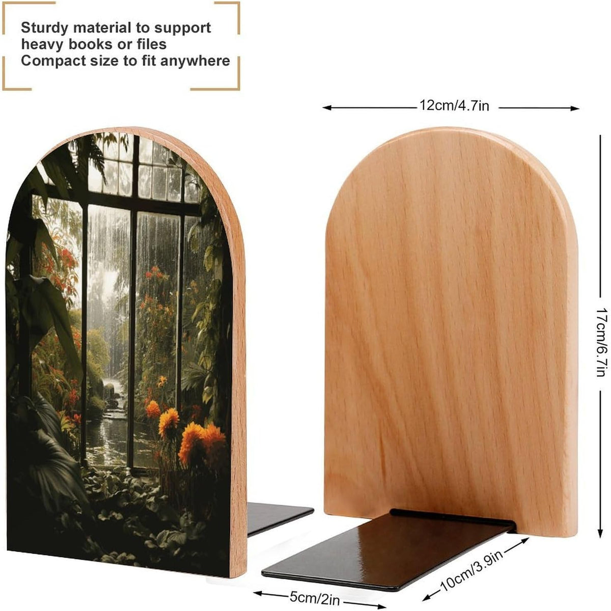 Scenery in The Window Wooden Bookend Non-Slip Book Ends Heavy Duty Book Stopper with Metal Base Books Holderd Decorative Bookends Stands Firmly for Office Supplies