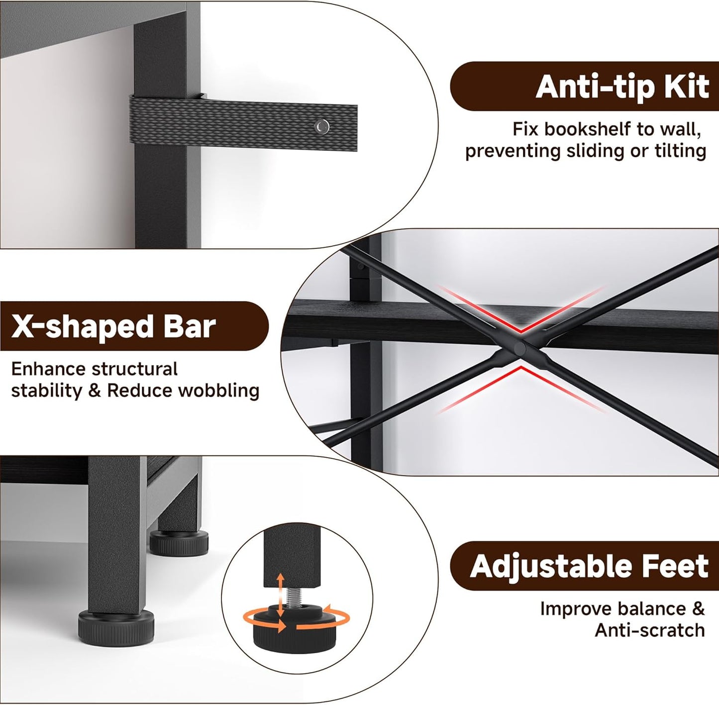 7-Tier Corner Bookshelf, Reversible Wooden Shelves, Industrial Bookcase with Open Shelves and Sturdy Metal Frame, Display Shelf Storage Rack for Living Room, Bedroom, Home Office (Black)