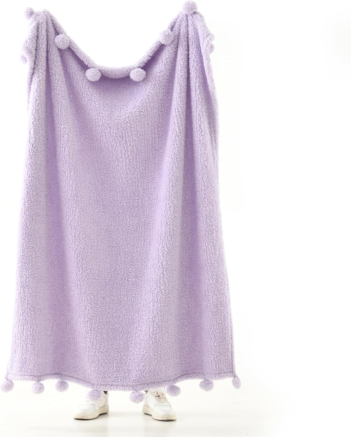 HORIMOTE HOME Ultra Soft Cozy Sherpa Throw Blanket with Pompom Fringe, Light Weight Warm Decorative Boho Style Plush Throw Blanket Cover for Couch, Sofa, Bedroom,Travel, Outdoor, 50”x60”, Purple