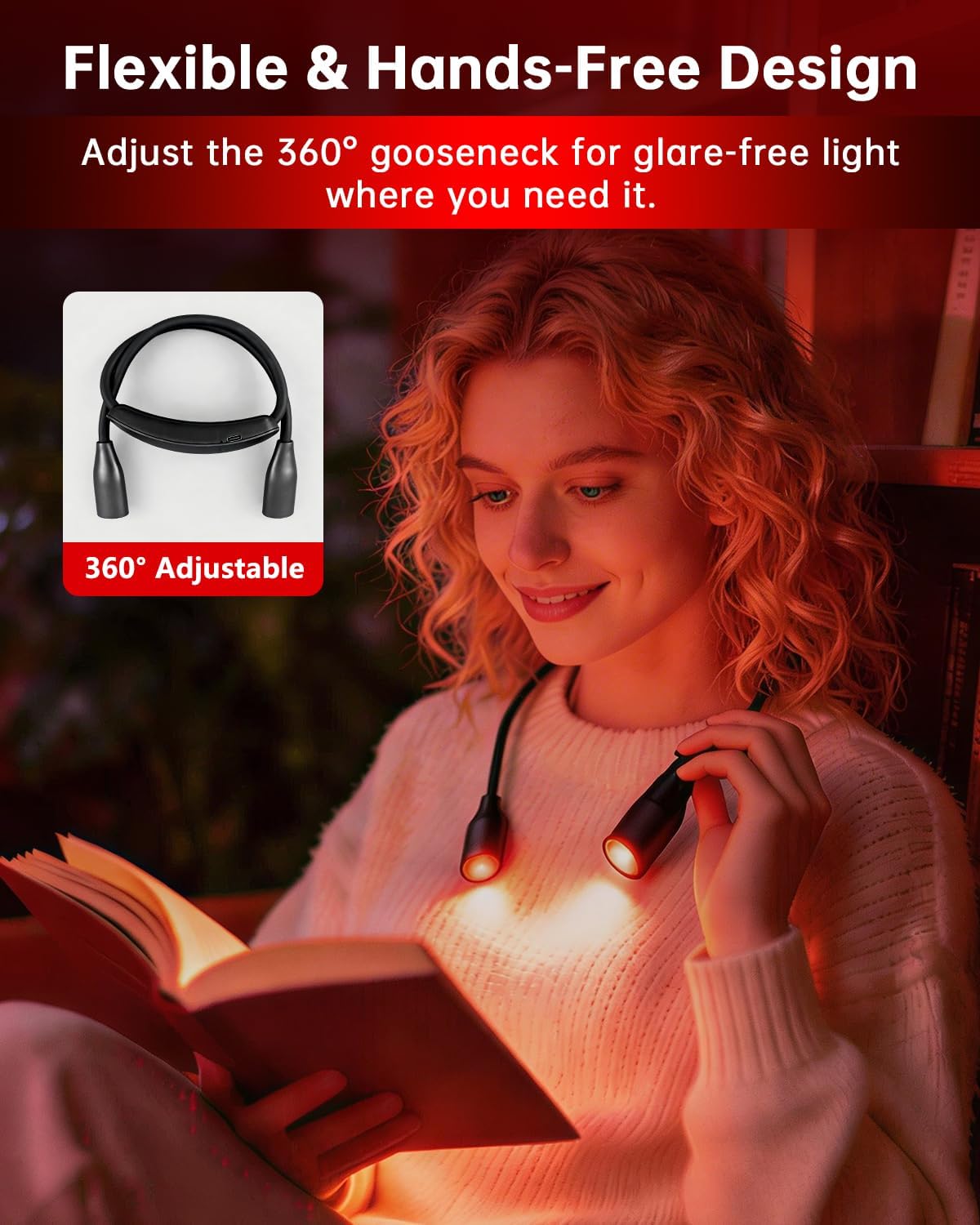 670nm Red Neck Light Book Light for Reading in Bed,3 Color Temperatures Dimmable USB Rechargeable Clip On Red Night Light for Sleep,Eye Comfort,Portable Booklight for Reading, Crafts, Knitting
