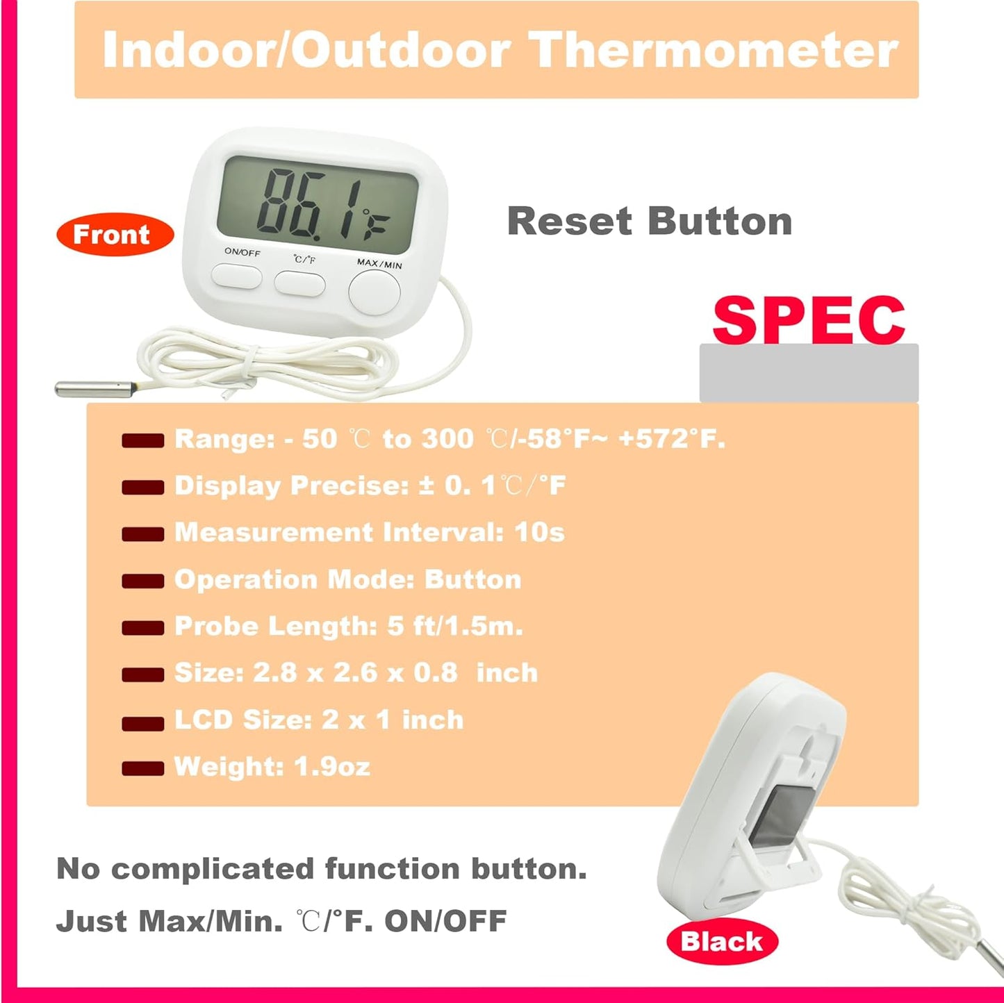 Small Digital Thermometer ON/Off Switch Indoor/Outdoor Meter Gauge with 3ft/1M Probe Sensor