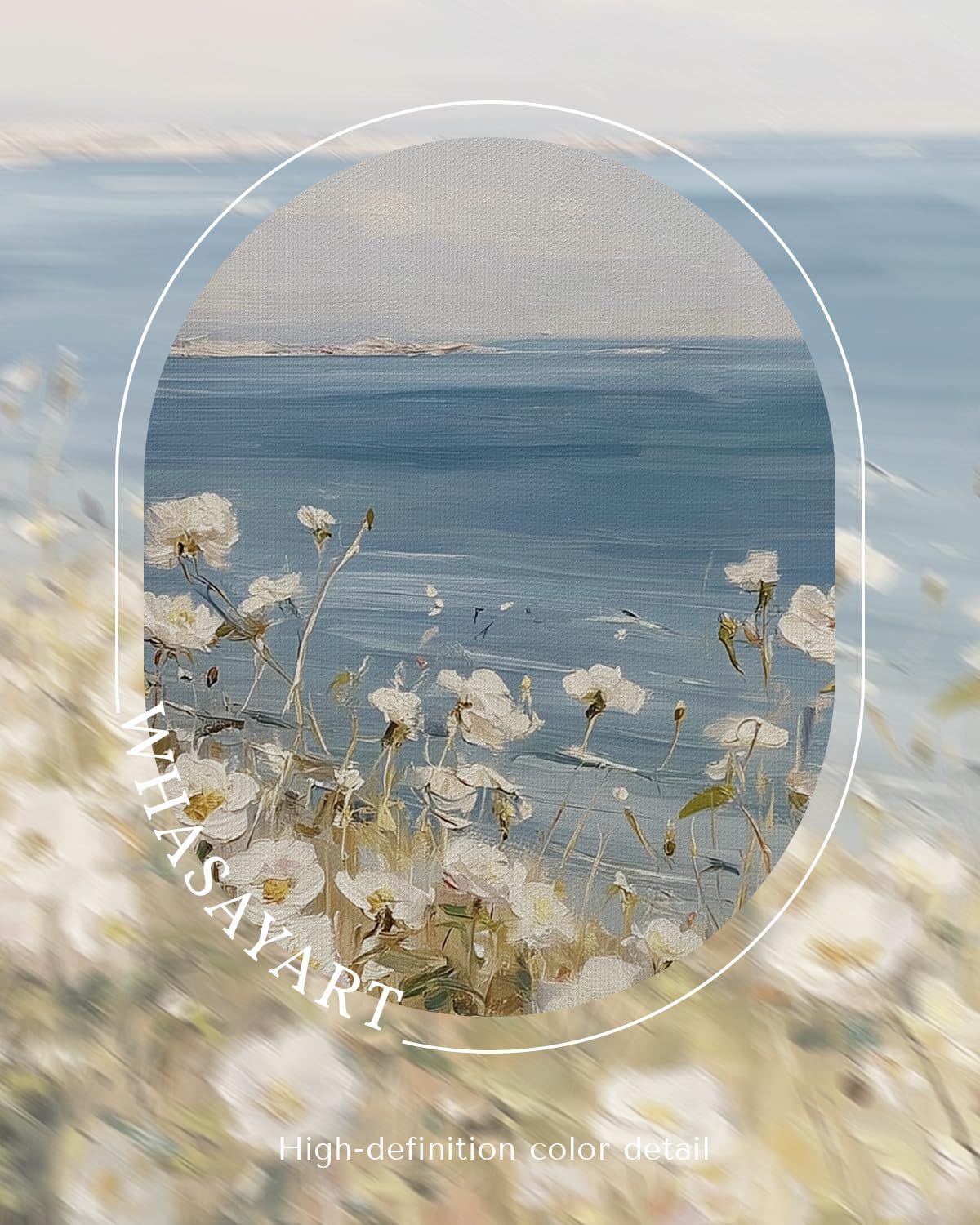 WHASAYART Framed Coastal Landscape Canvas Wall Art, Blue Ocean and Seaside Meadow White Poppy Flower Field Print Painting, Spring Summer Pictures Decor for Dining Room Living Room Bedroom 12x16