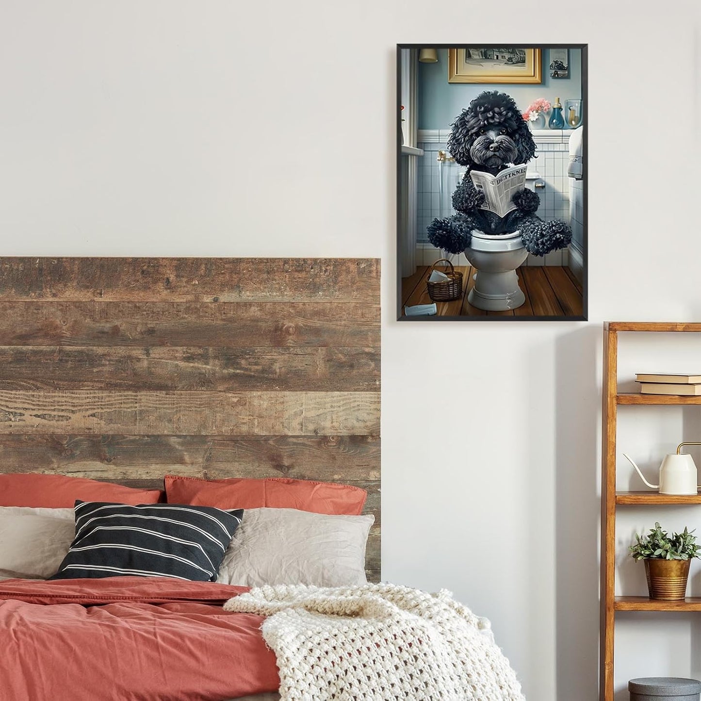 Whimsical Bathroom Canvas Wall Art Cute Black Teddy Dog On Toilet Reading Newspaper Posters Funny Humor Animal Aesthetic Painting For Home Apartment Restroom Wall Decor 12x16in Unframed