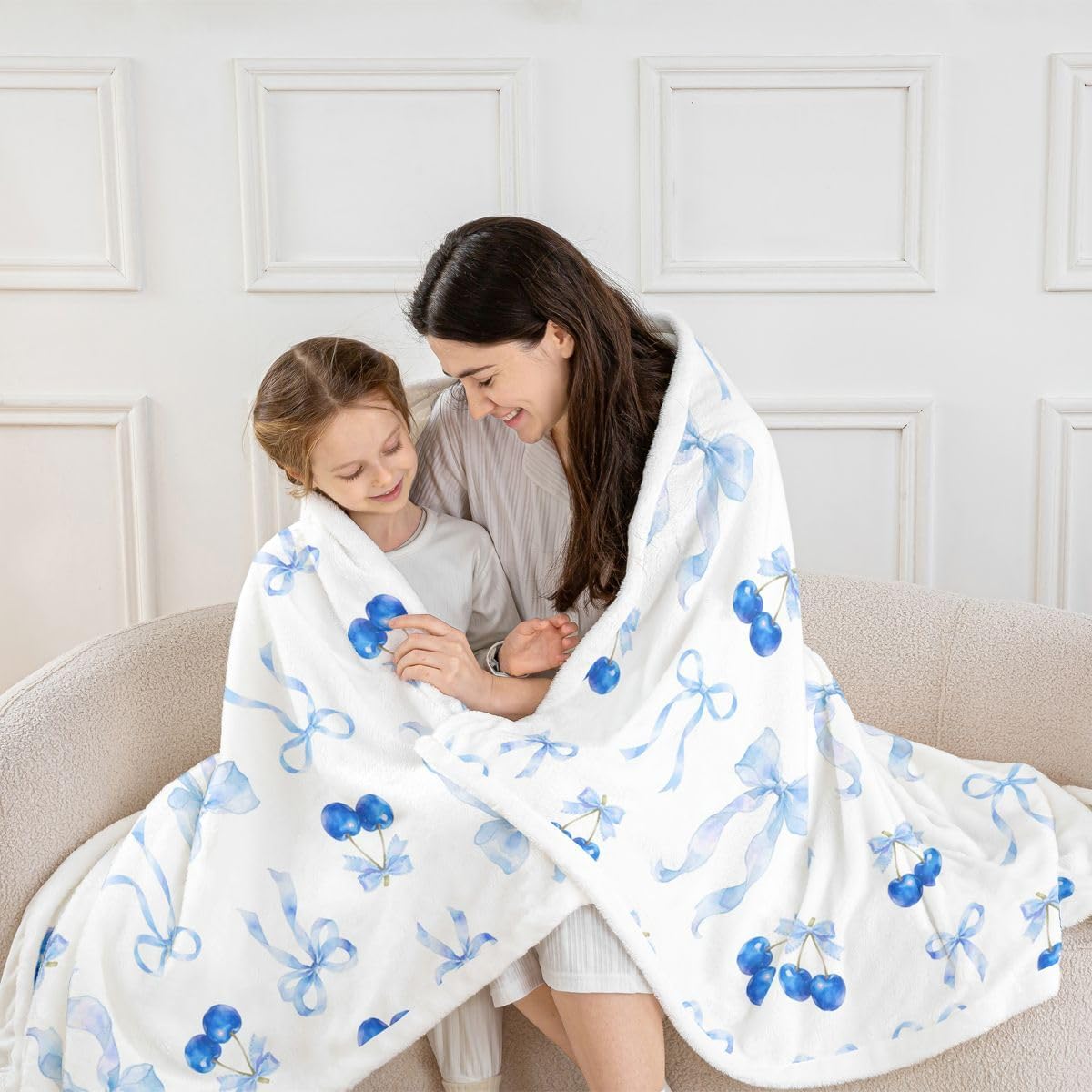 Feelyou Cute Bow Sherpa Throw Blanket for Couch Bowknot Super Soft Cozy Fleece Kawaii Cherry Blanket for Winter, Plush Throw Princess Bowknot Throw 50"x60" Blue All Season