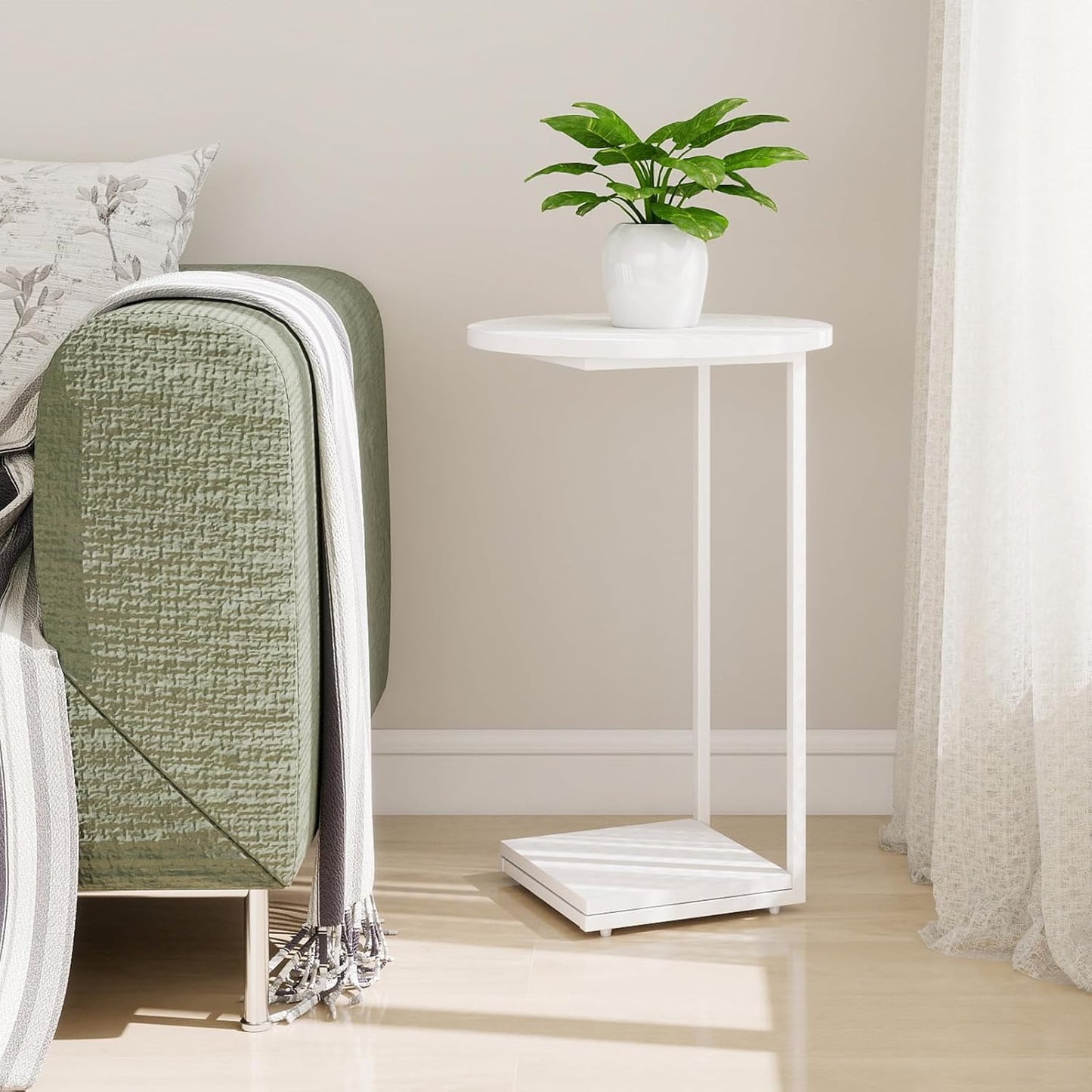 HDANI C Table End Table,Couch Table That Slide Under,Sofa Side Table in Living Room,White