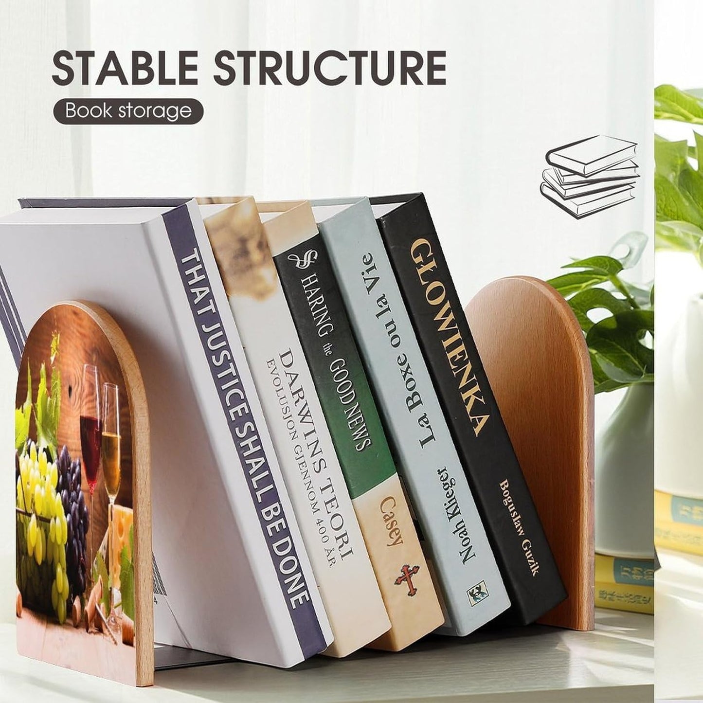 Wine and Grapes Wooden Bookend Non-Slip Book Ends Heavy Duty Book Stopper with Metal Base Books Holderd Decorative Bookends Stands Firmly for Office Supplies