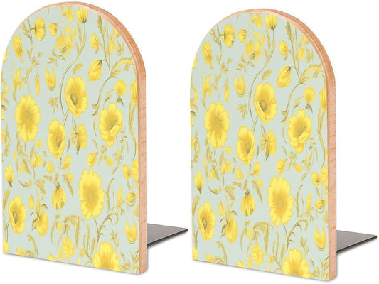 Yellow Flower Bookend for Shelves Wooden Book End Large Size Sturdy Book Holders Stoppers with Metal Base for Bookshelves Slick Decorative Bookends Stands