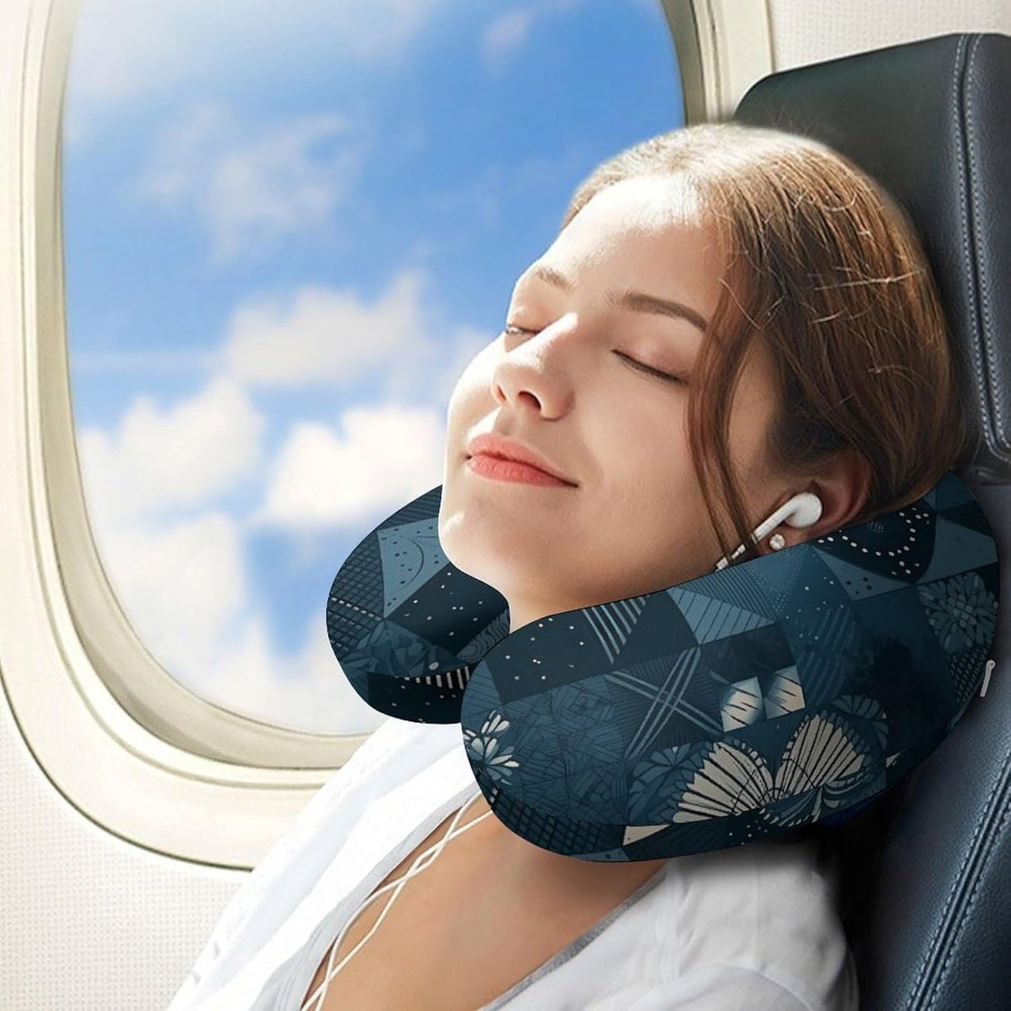 Blue Geometric Pattern Neck Pillow Memory Foam U Shaped Pillows Portable Pillows for Shoulder Travel Head Support Pillow with Concealed Zipper for Airplane Car Home Office
