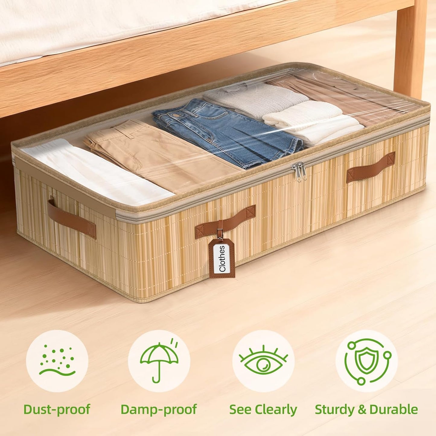 Livole 2 Pack Bamboo Under Bed Storage, 6 inches Underbed Storage Containers, 56L XXL Under Bed Storage Bins with Clear Lid & Label for Clothes, Blankets, Sweater, Shoes