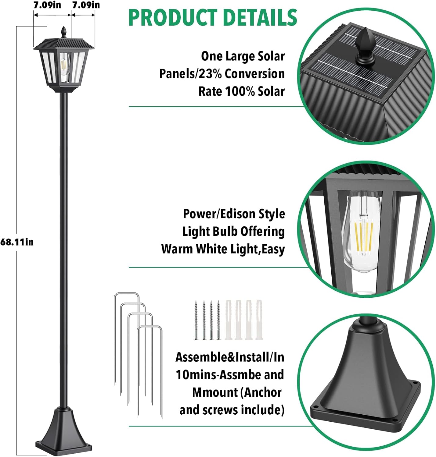 68" Solar Lamp Post Light Outdoor - 3000K Warm White, IP45 Waterproof Post Solar Lights Outdoor, Pole Lights Decorative Lamp for Yard Garden Patio Lawn Pathway Driveway Front/Back Door (2PK)
