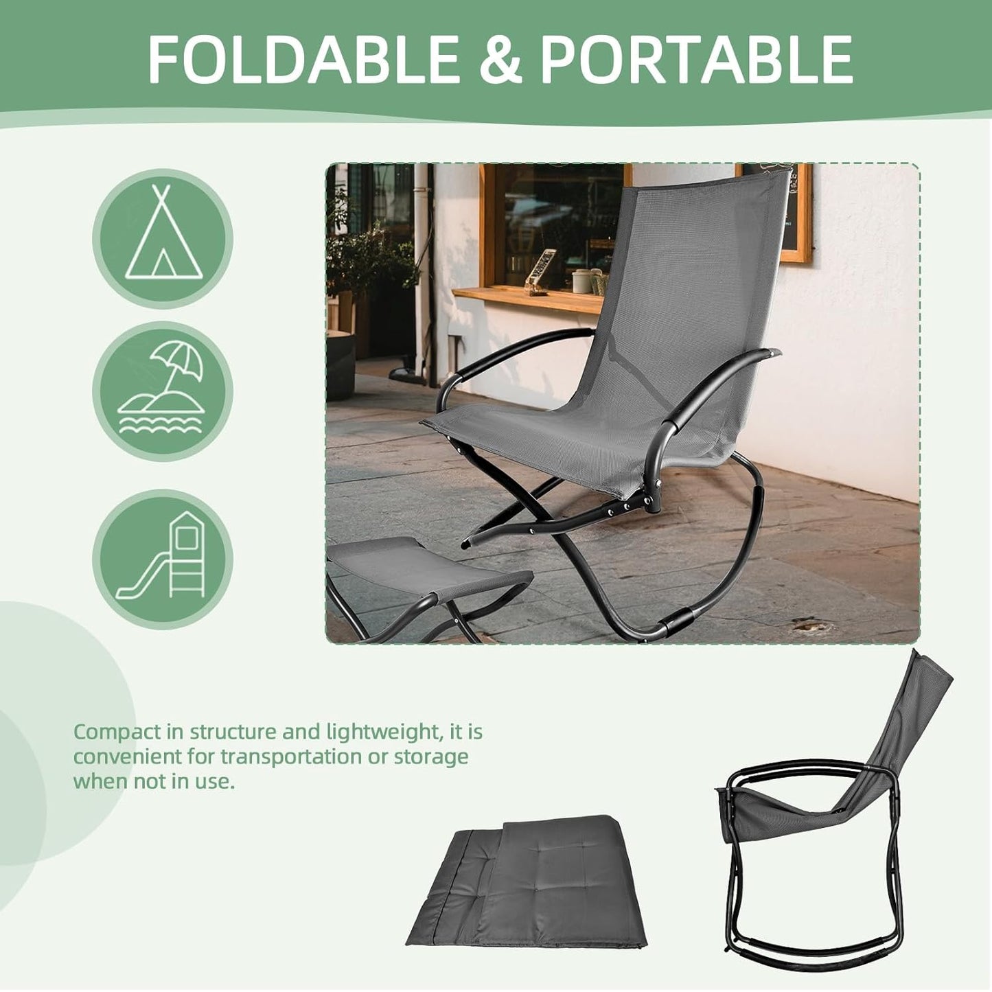 Rocking Folding Chair Comfy Recliner Chair with Puffy Cushion Suitable for Porch Deck, Garden, Patio Lounge Set, Gray，Weather Resistant Textilene Fabric Space-Saving 330lbs Capacity