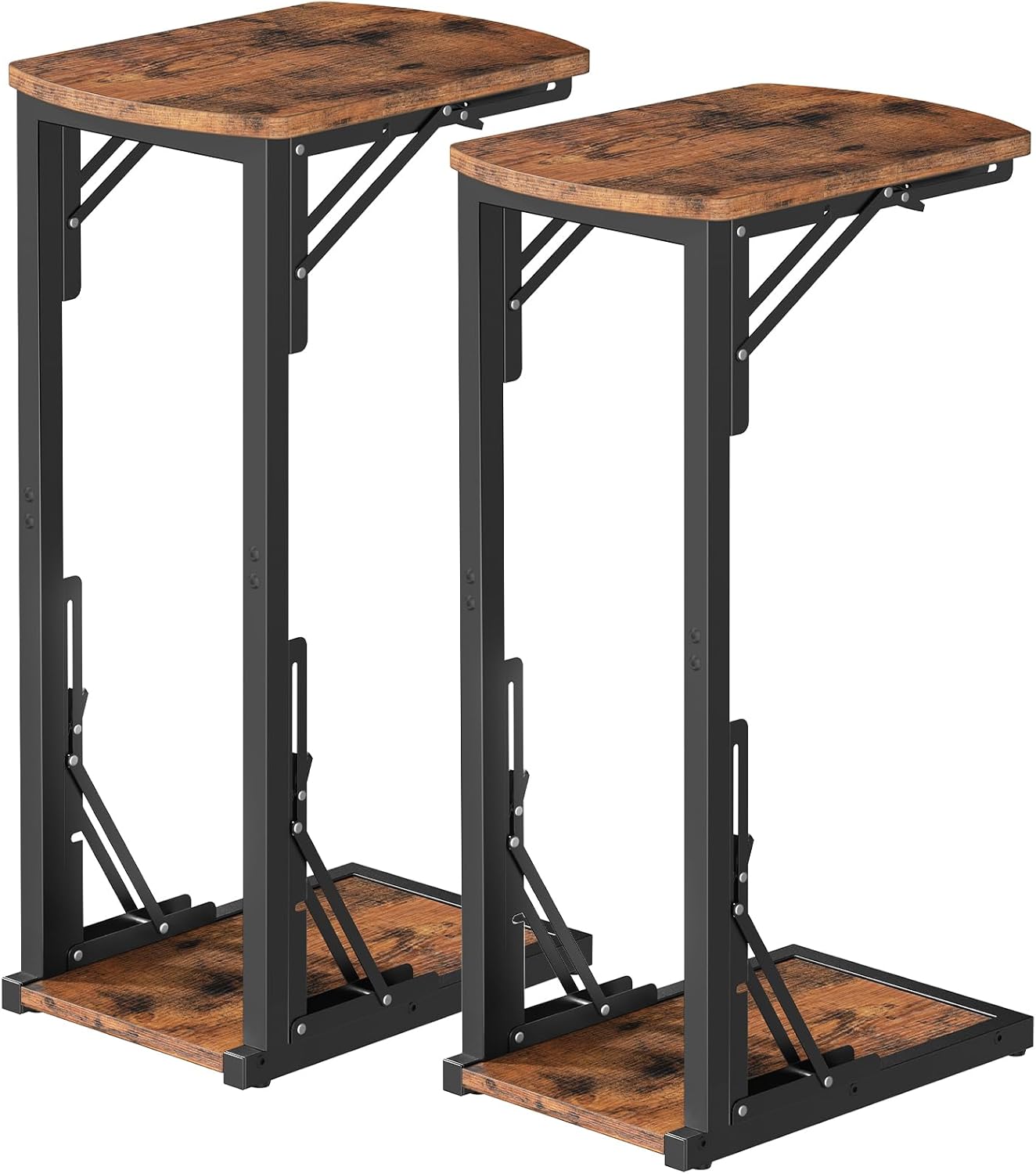 Set of 2 Folding Samll Side Table, C-Shaped End Table for Couch, Slide Under Couch Side Table for Sofa Bed, Folding End Table for Small Spaces, Living Room, Bedroom, Rustic Brown ETHR4101S2