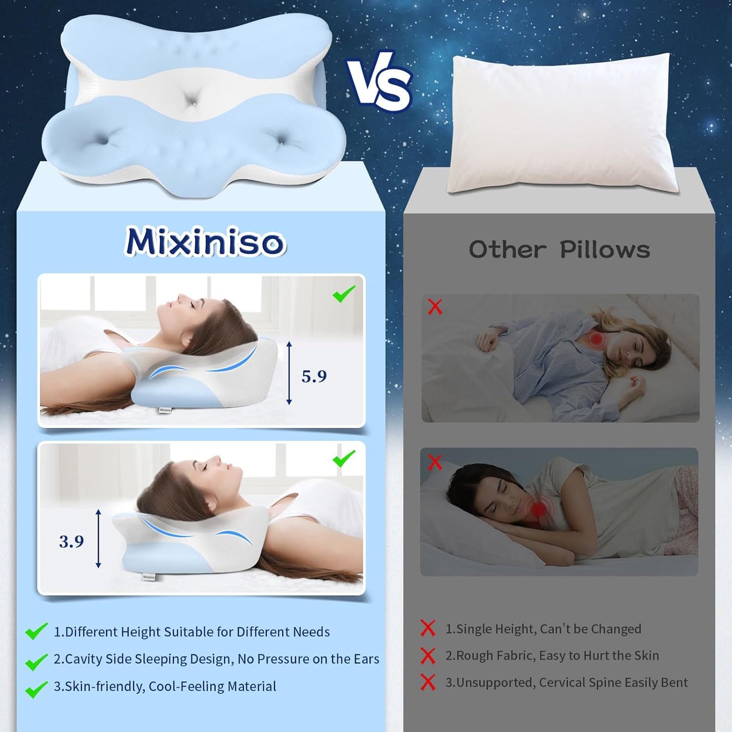 Memory Foam Cervical Pillow for Neck Pain Relief - Ergonomic Contour Pillow for Side, Back & Stomach Sleepers, Orthopedic Neck Support with Cooling Pillowcase