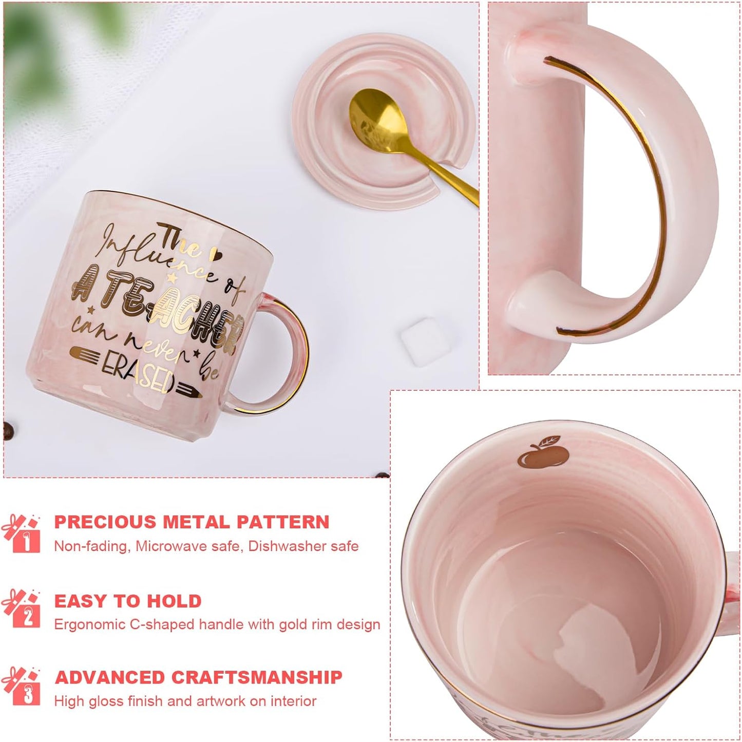 Teacher Appreciation Gifts for Women, Teacher Birthday, Retirement, Back to School, Graduation, End of Year Gifts - The Influence of A Teacher Can Never Be Erased, 14oz Gold Pattern Marble Mug