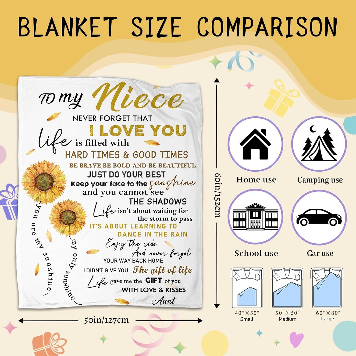 Niece Gifts from Auntie, to My Niece Soft Flannel Blanket 50"x60", Nieces Birthday Gifts for Graduation Thanksgiving Ideas, Sunflower Blanket from Aunt