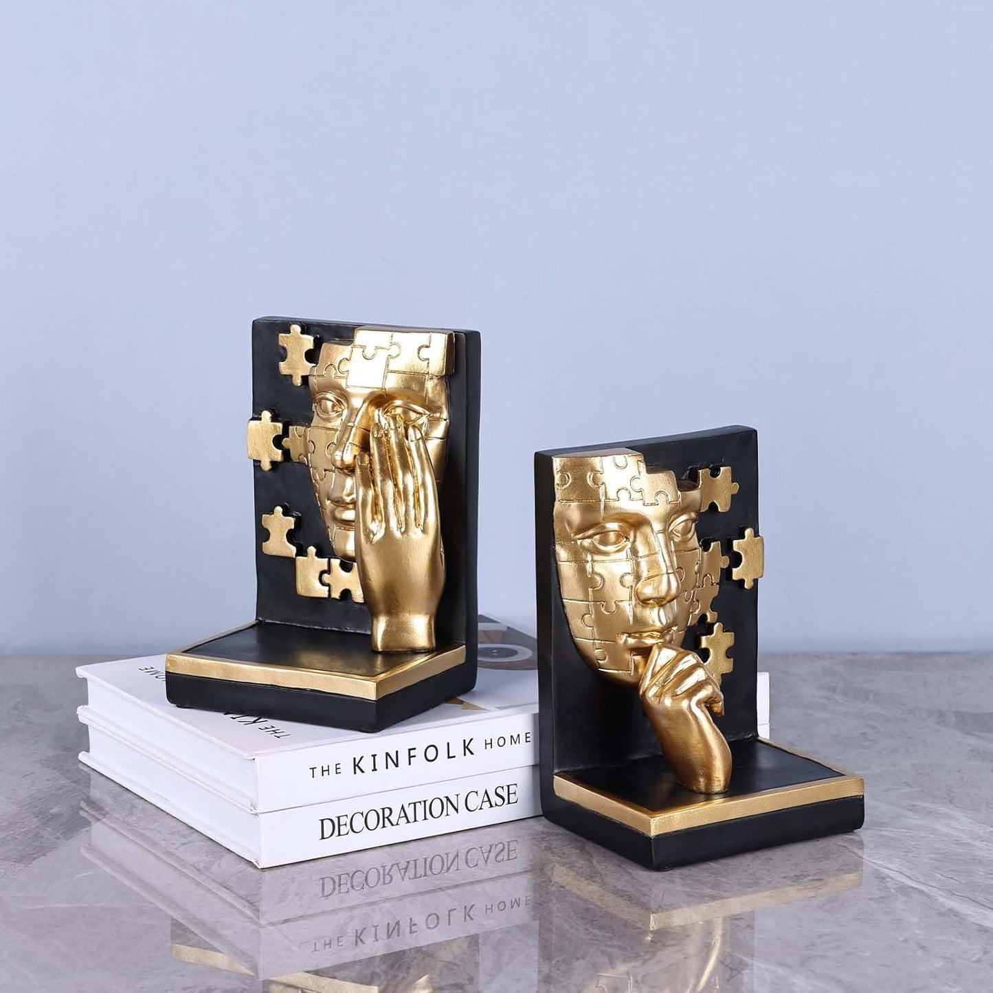 Abstract Decorative Bookends, Thinking Man Statue for Shelves, Heavy Bookends for Large Books, Handcrafted Resin Art for Home and Office Decor, Aesthetic Desk Organizer for Bookshelves (Black Gold)